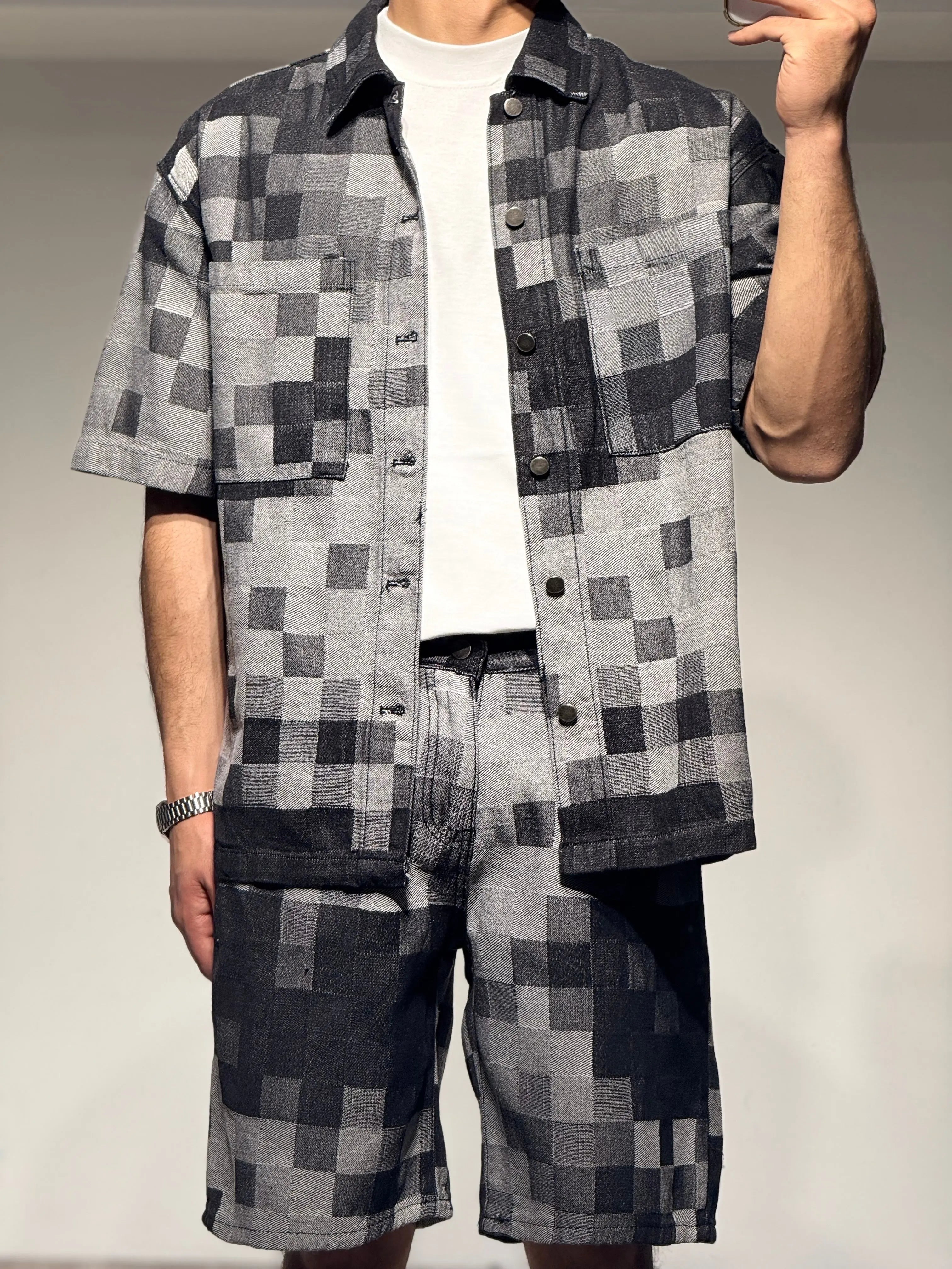 Ensemble En Jeans Damier Chemise et Short Noir - bonhomme