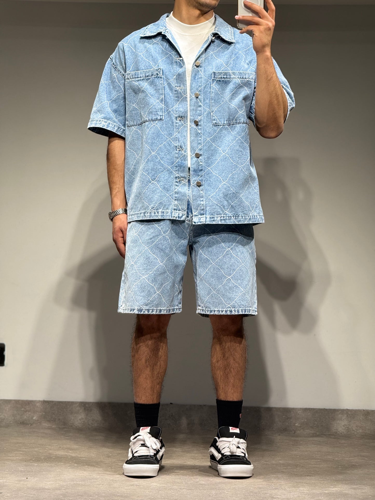 Ensemble En Jeans Chemise et Short Bleu à Motifs