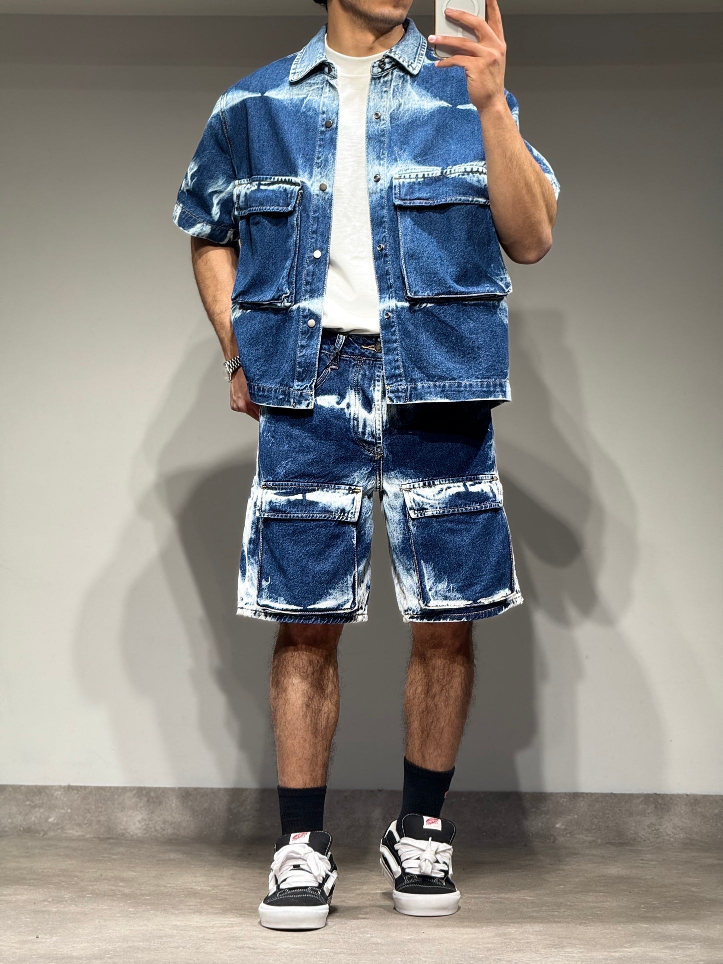 Ensemble En Jeans Chemise et Short Bleu, Blanc Delavé Poches