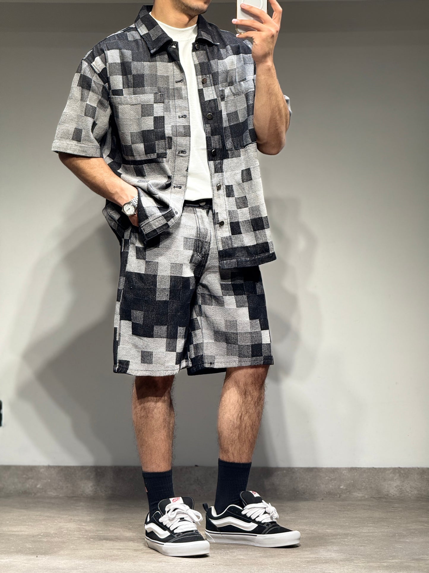 Ensemble En Jeans Damier Chemise et Short Bleu