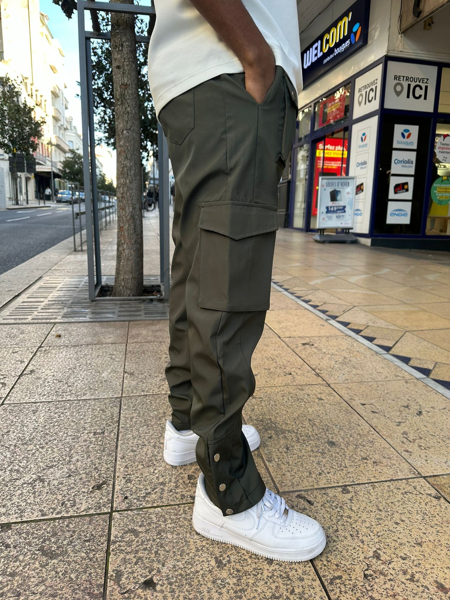 Pantalon cargo kaki à pression en toile avec 3 Bouttons