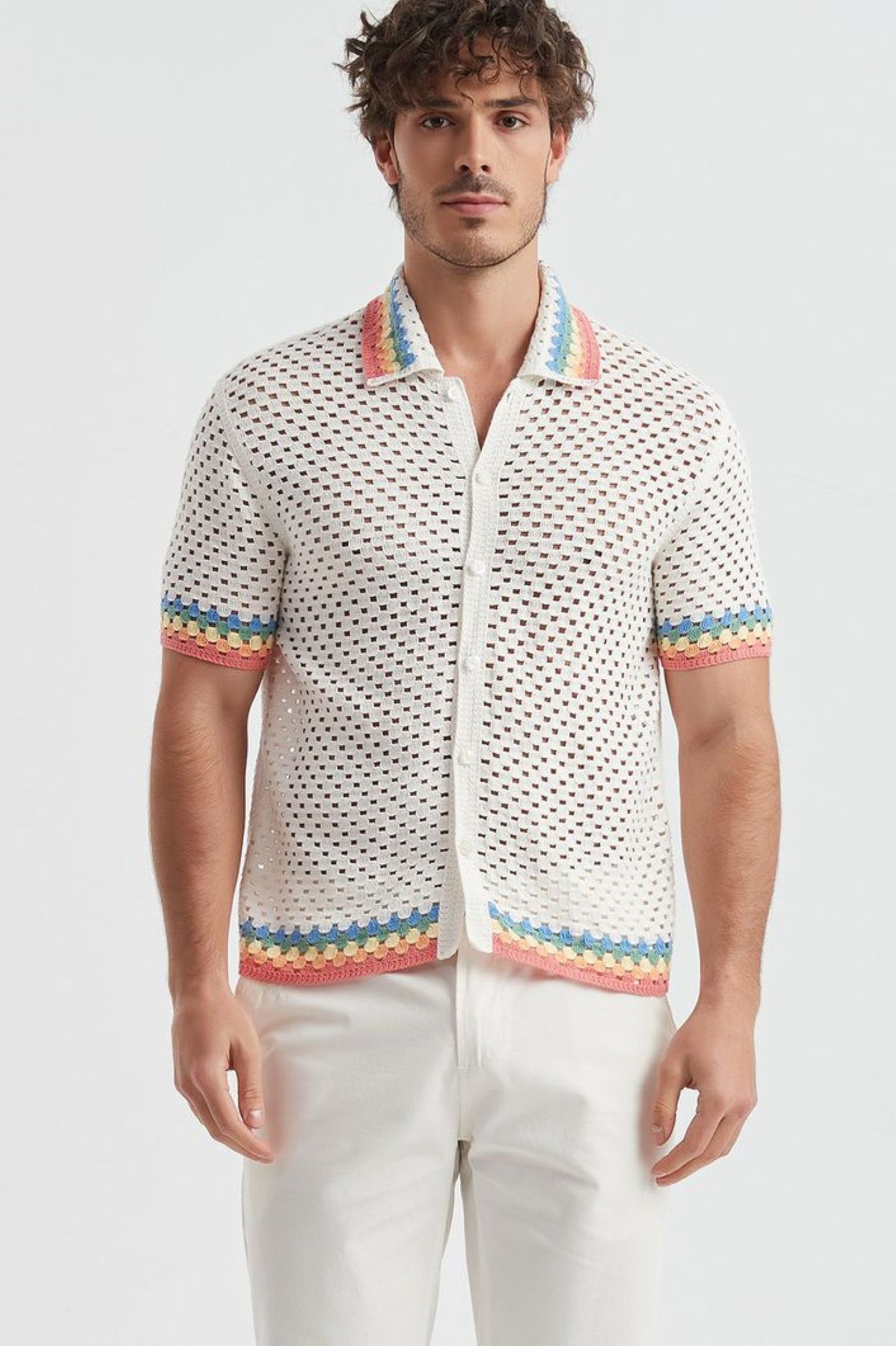 Chemise Crochet Homme Blanc Multi-couleurs