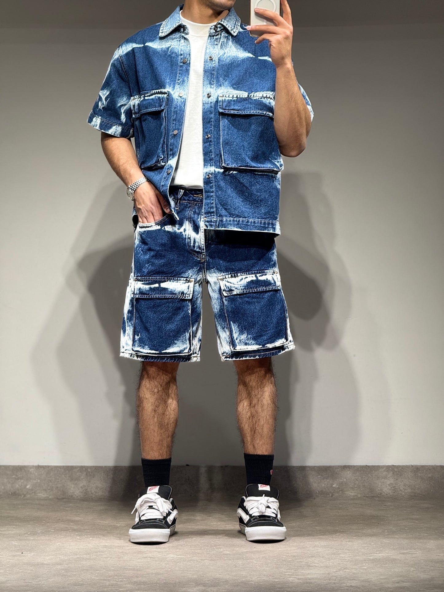 Ensemble En Jeans Chemise et Short Bleu, Blanc Delavé Poches