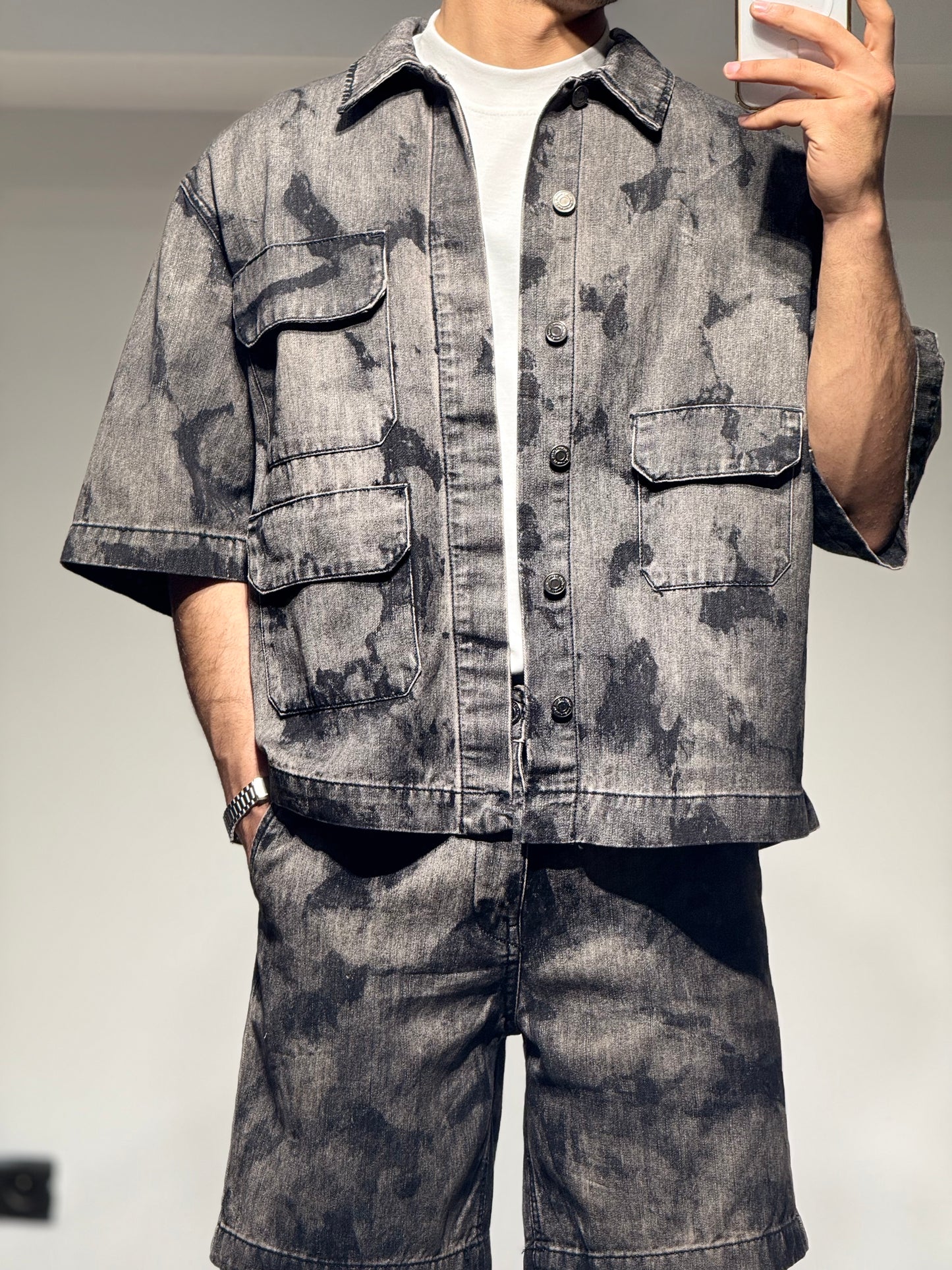 Ensemble En Jeans Chemise et Short Delavé Gris