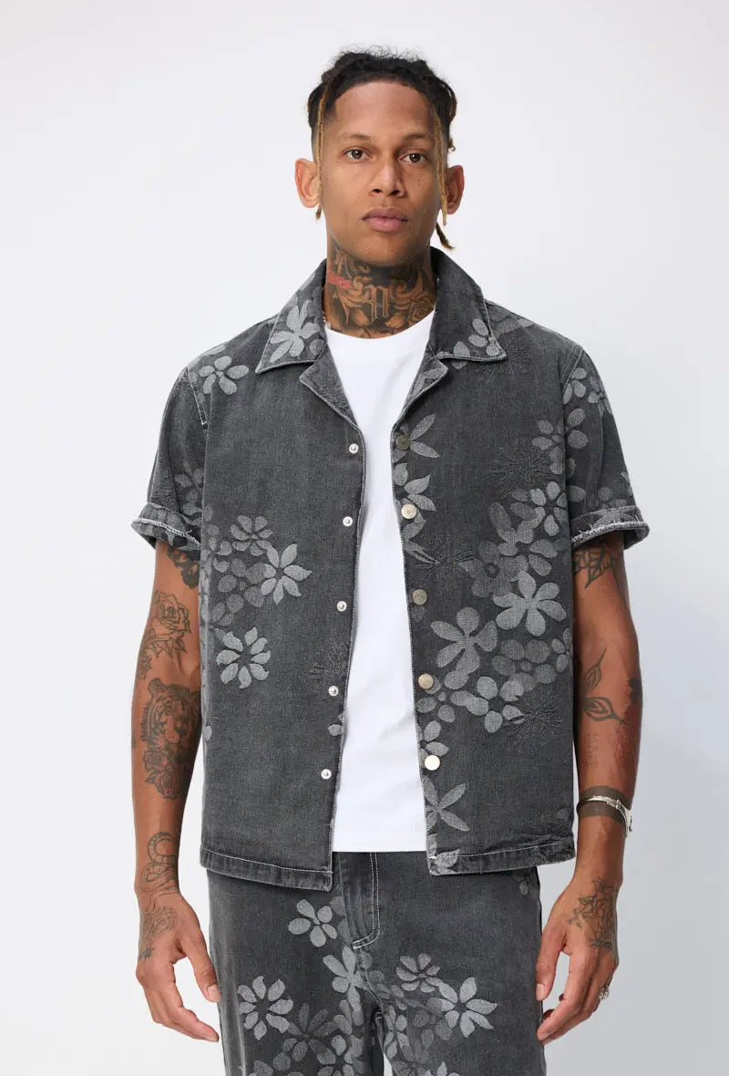 Ensemble En Jeans Chemise Pantalon Denim Noir Floral bonhomme