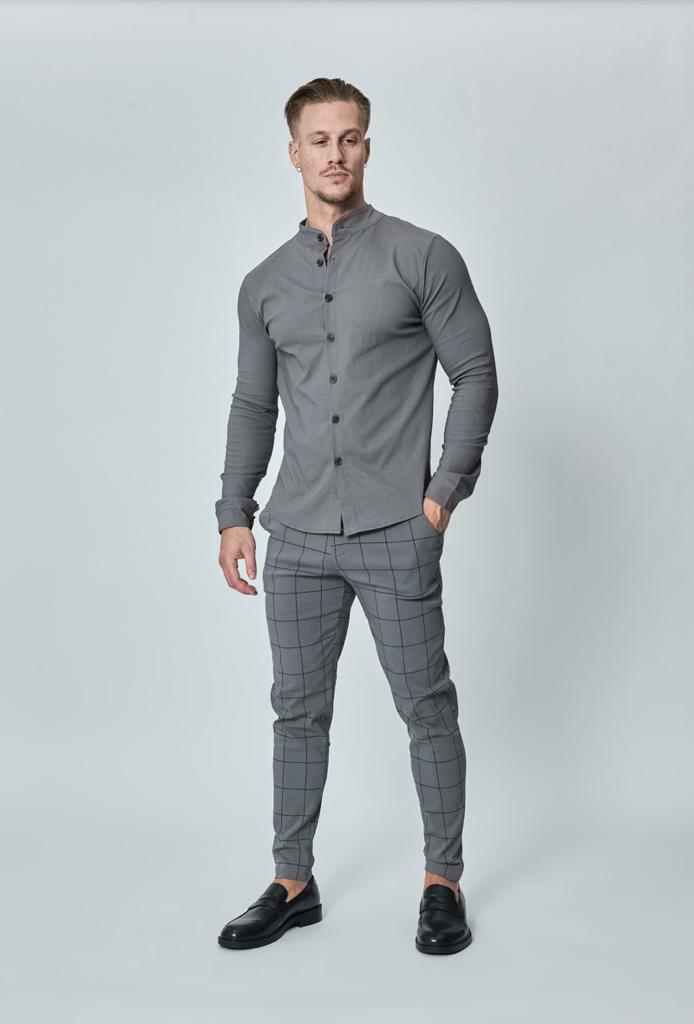 Chemise slim à boutons gris col mao