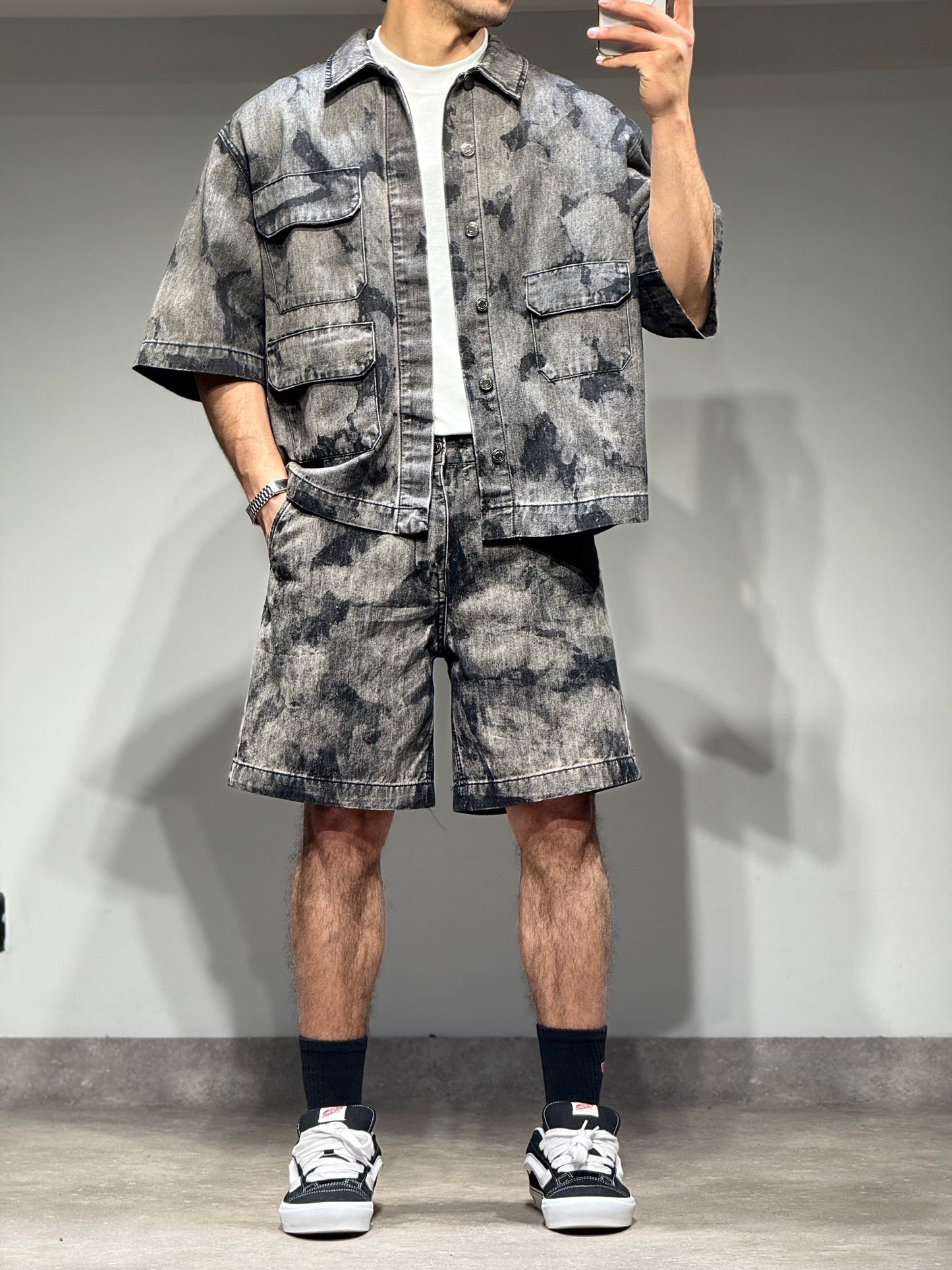 Ensemble En Jeans Chemise et Short Delavé Gris