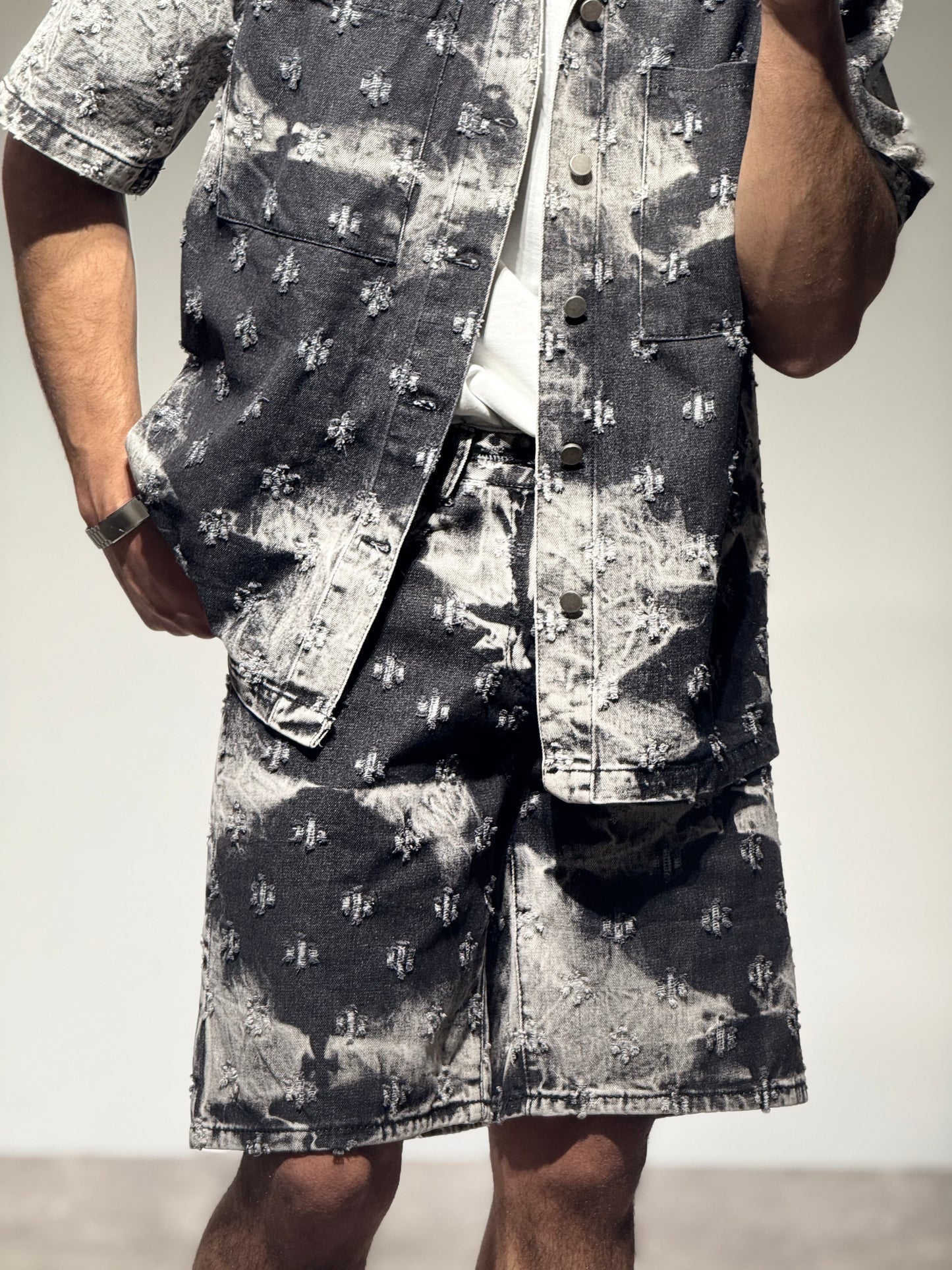 Ensemble En Jeans Chemise et Short Noir et Blanc Delavé