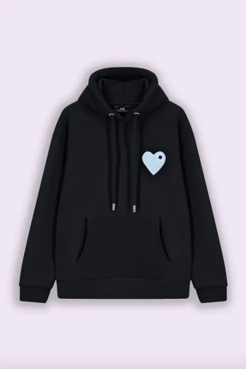 Sweat capuche Noir avec cœur ciel bonhomme
