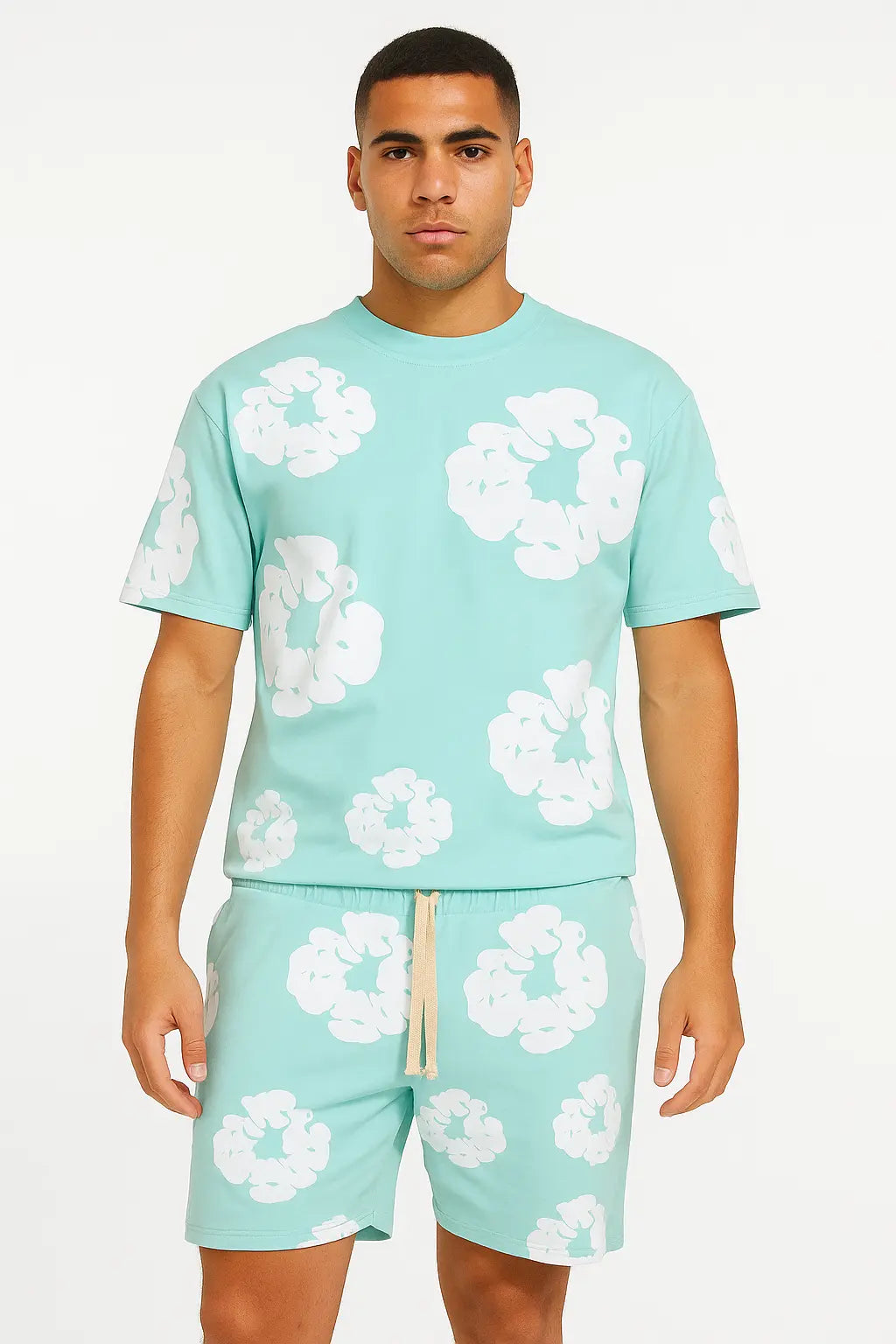 Ensemble Fleur Tee shirt et short Aqua Blanc - bonhomme