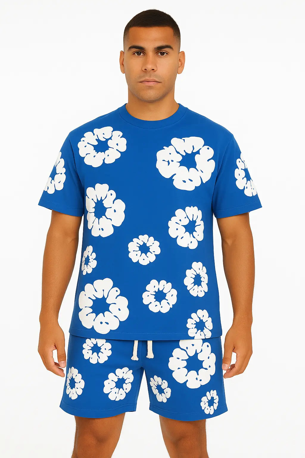 Ensemble Fleur Tee shirt et short Bleu royal et blanc bonhomme