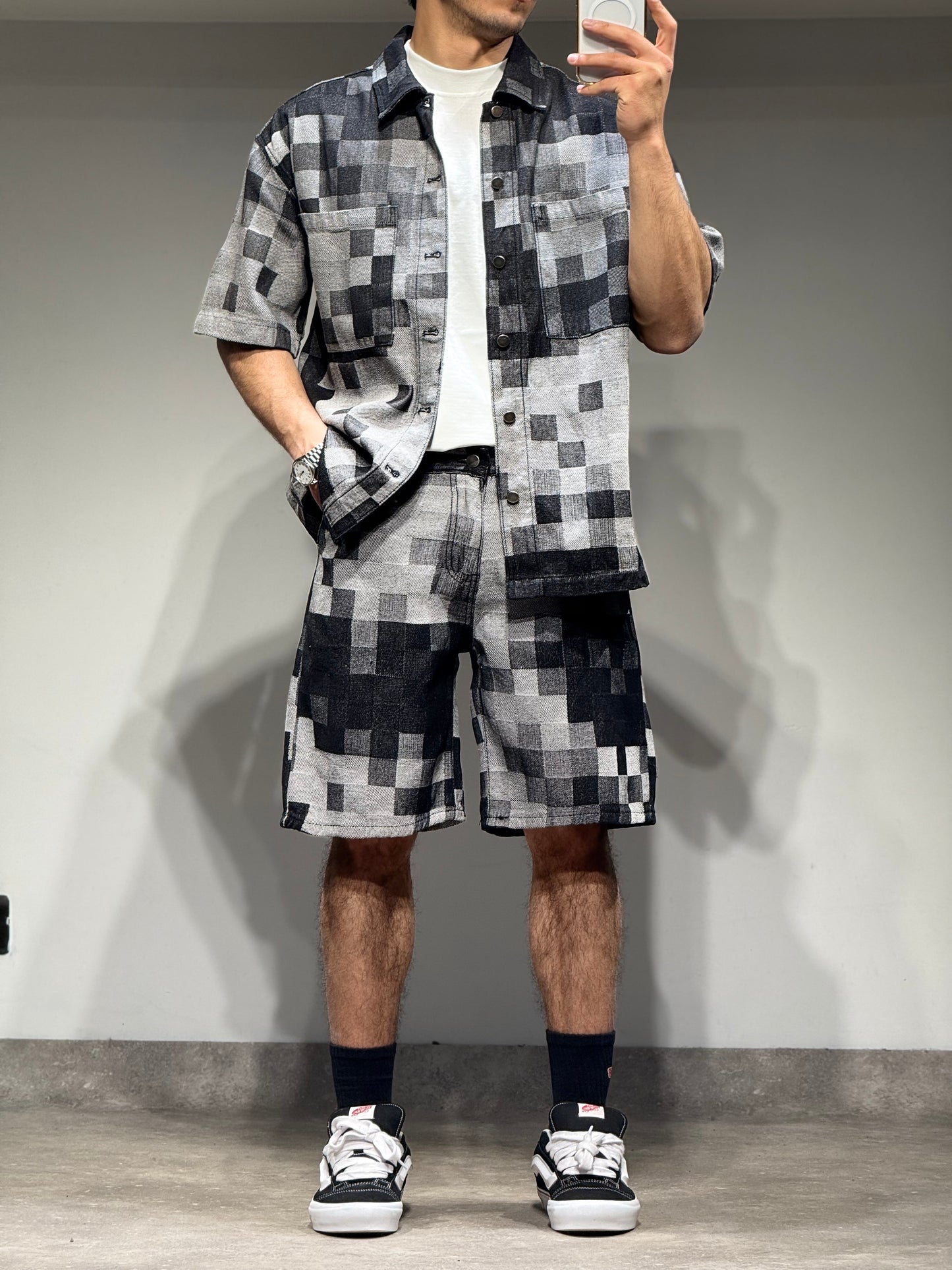 Ensemble En Jeans Damier Chemise et Short Bleu