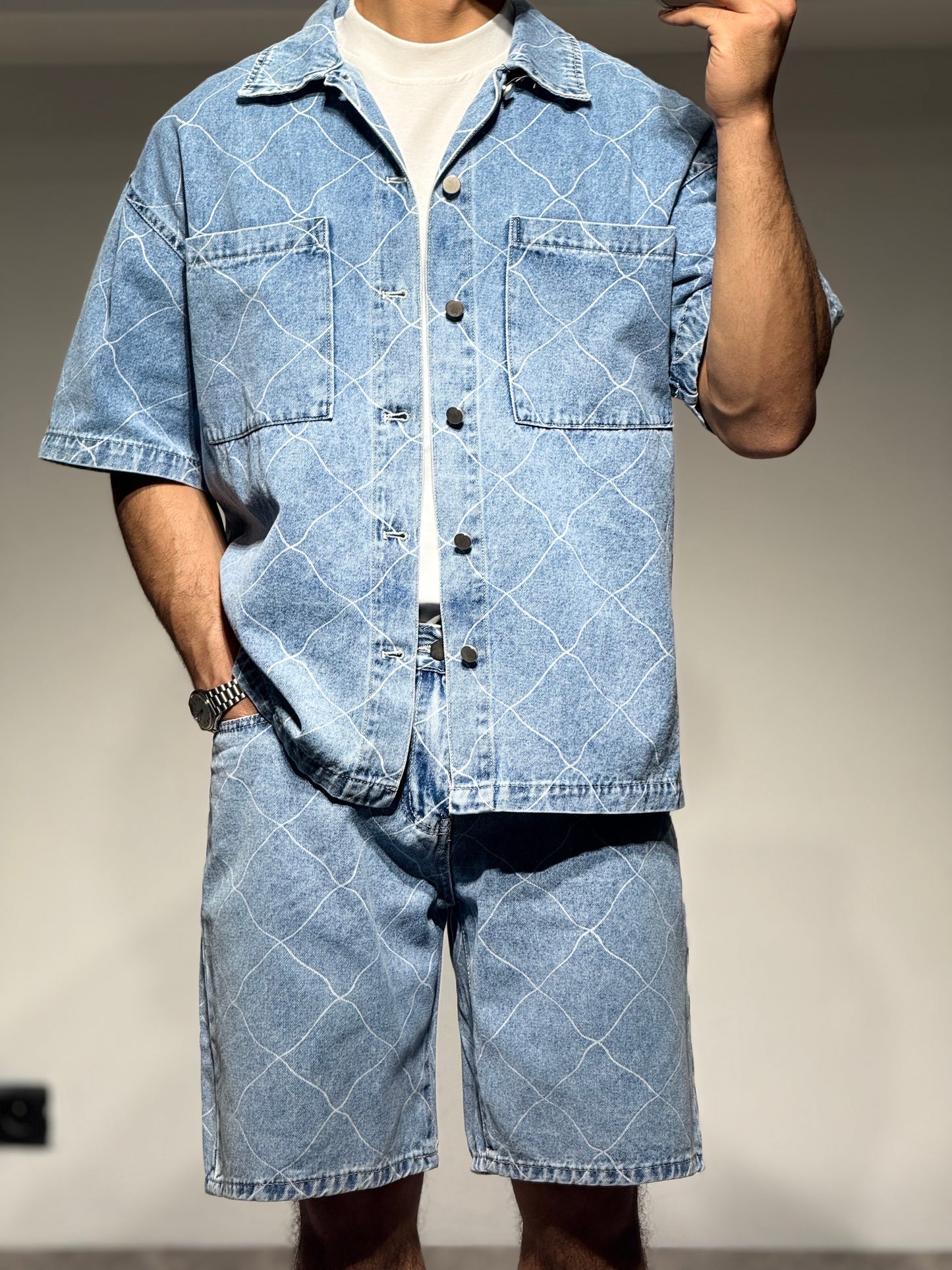 Ensemble En Jeans Chemise et Short Bleu à Motifs