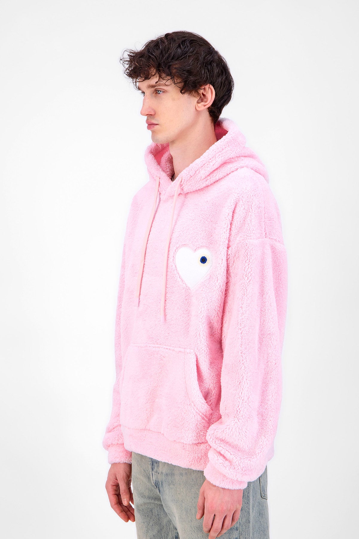 Sweat Moumoute à Capuche Rose Avec Cœur Blanc