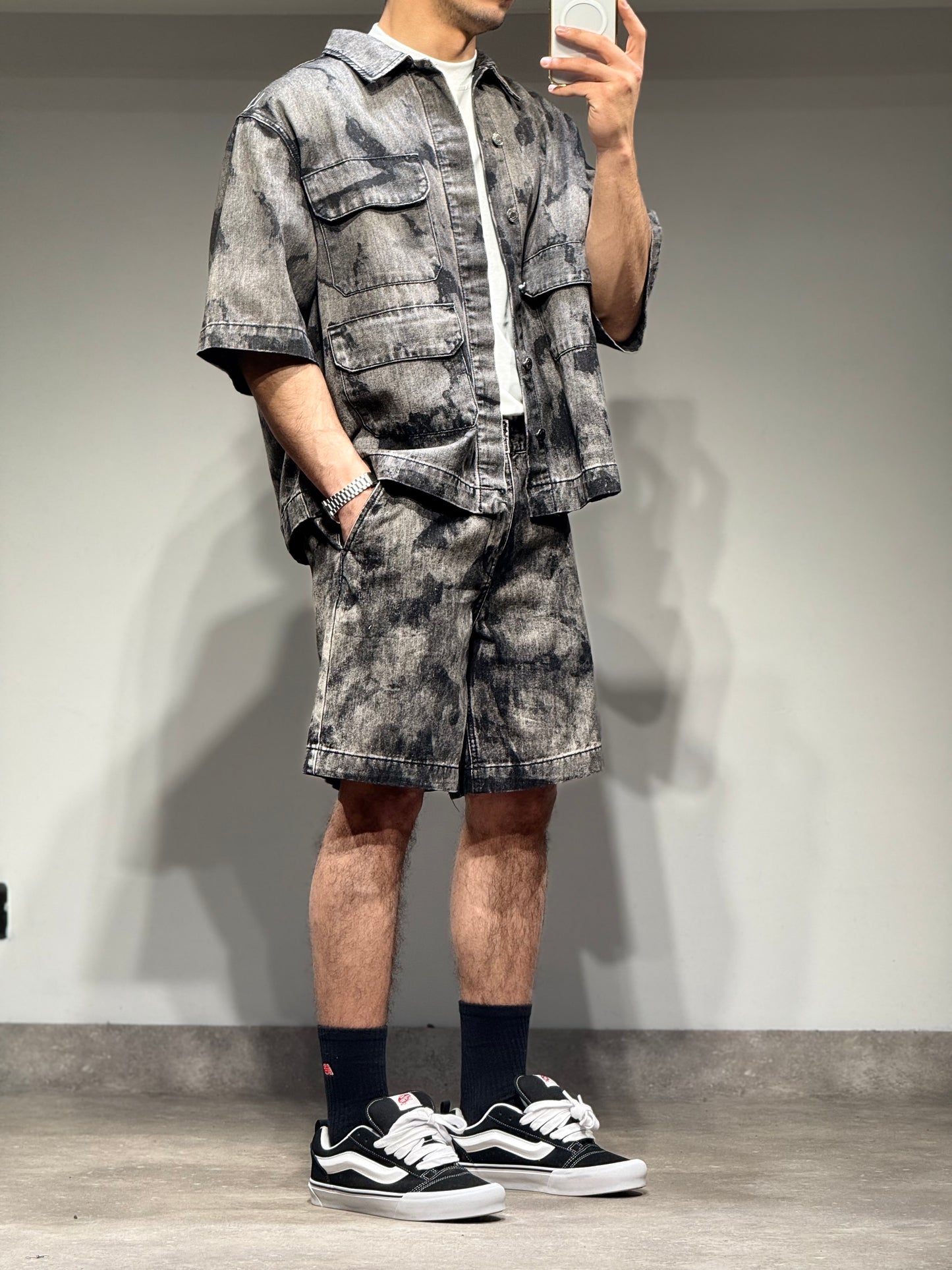 Ensemble En Jeans Chemise et Short Delavé Gris