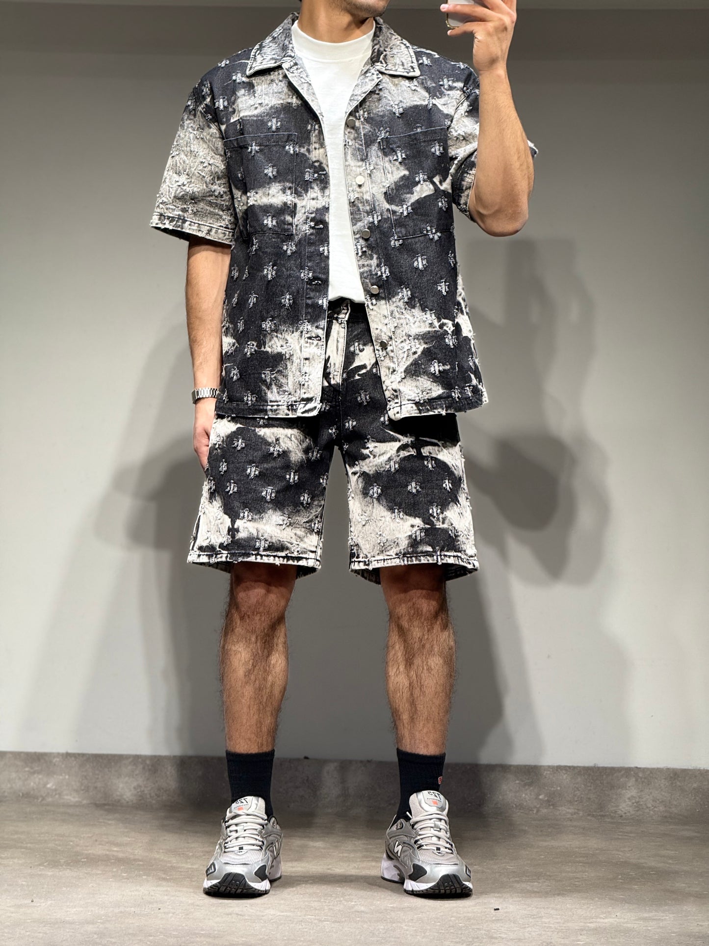 Ensemble En Jeans Chemise et Short Noir et Blanc Delavé