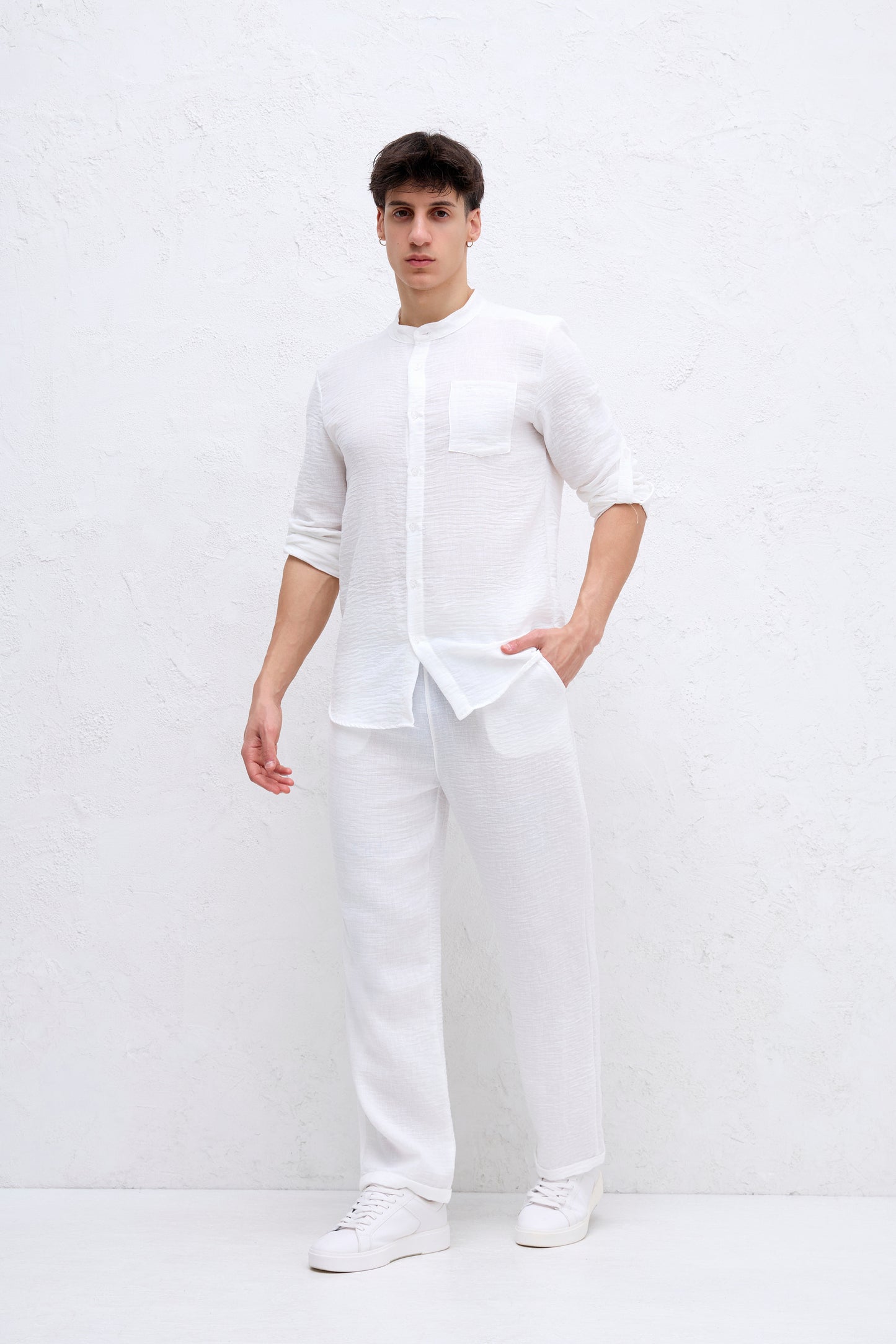 Ensemble Blanc Chemise Col mao et pantalon