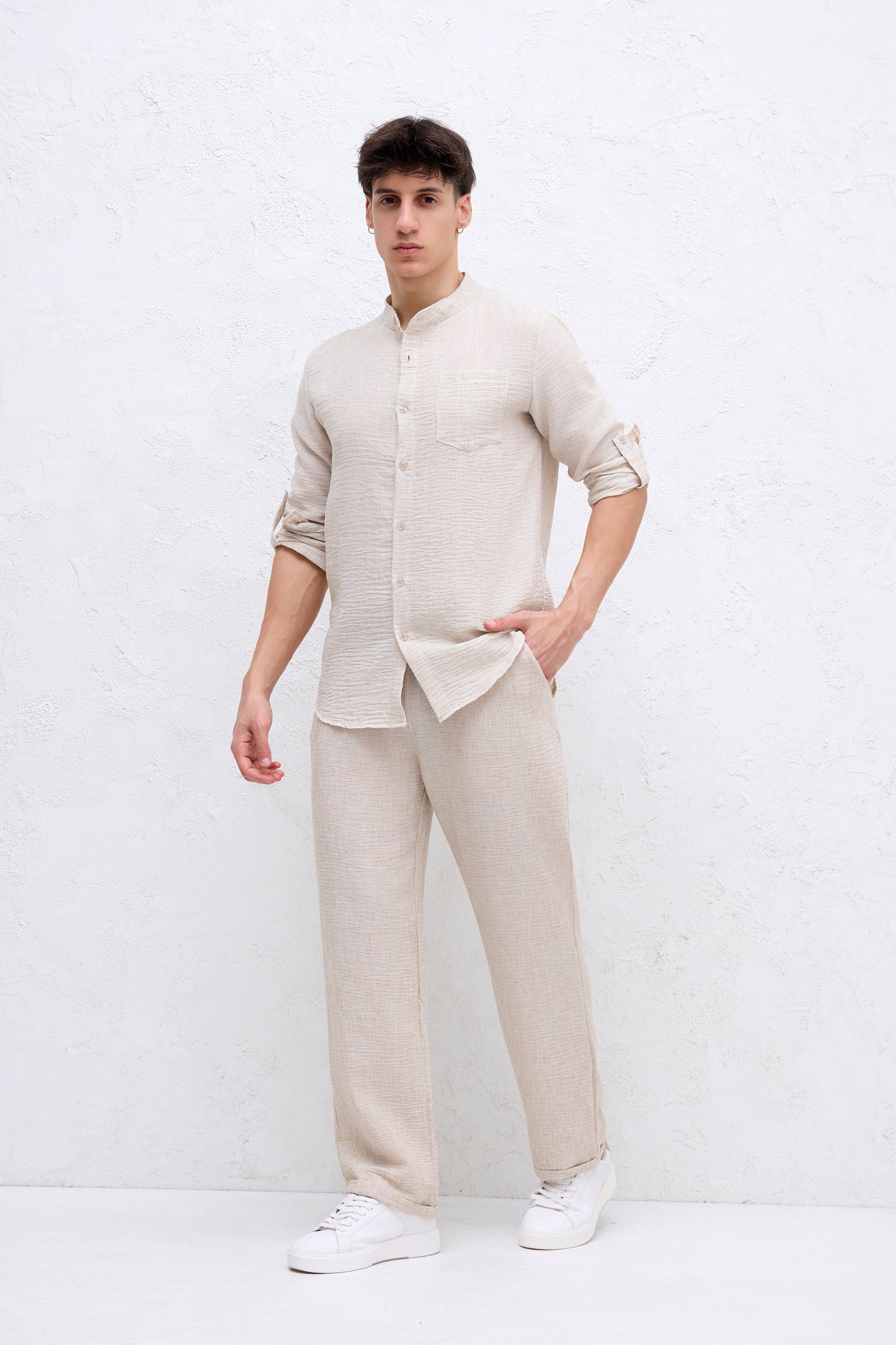 Ensemble Beige Chemise Col mao et pantalon
