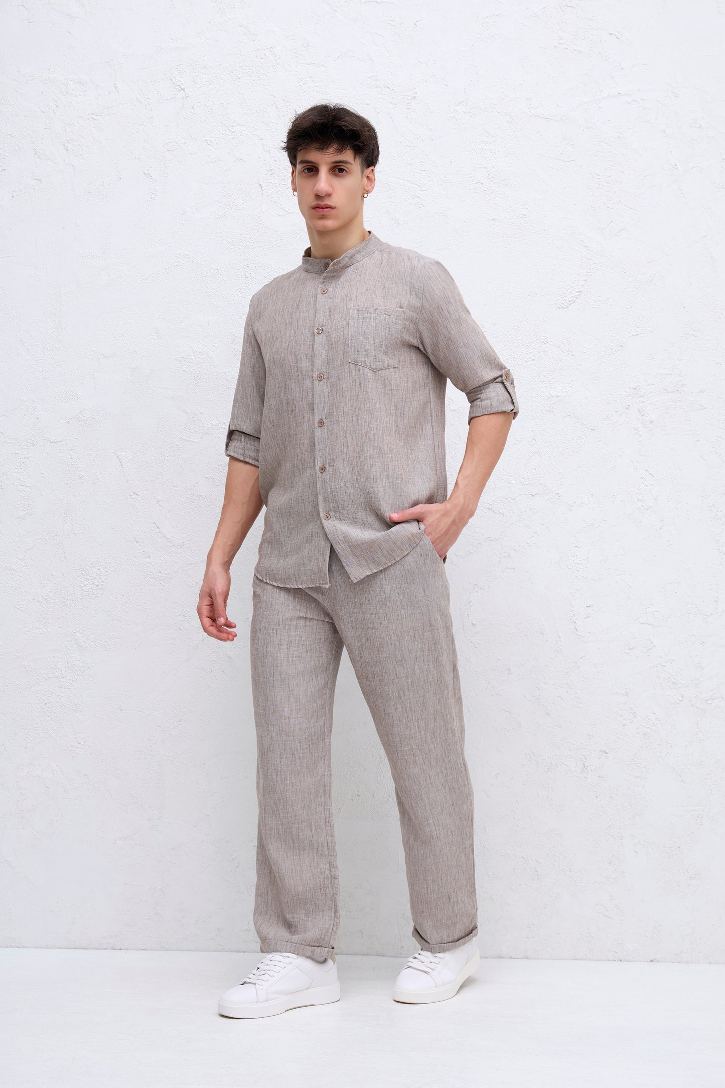 Ensemble Camel Chemise Col mao et pantalon