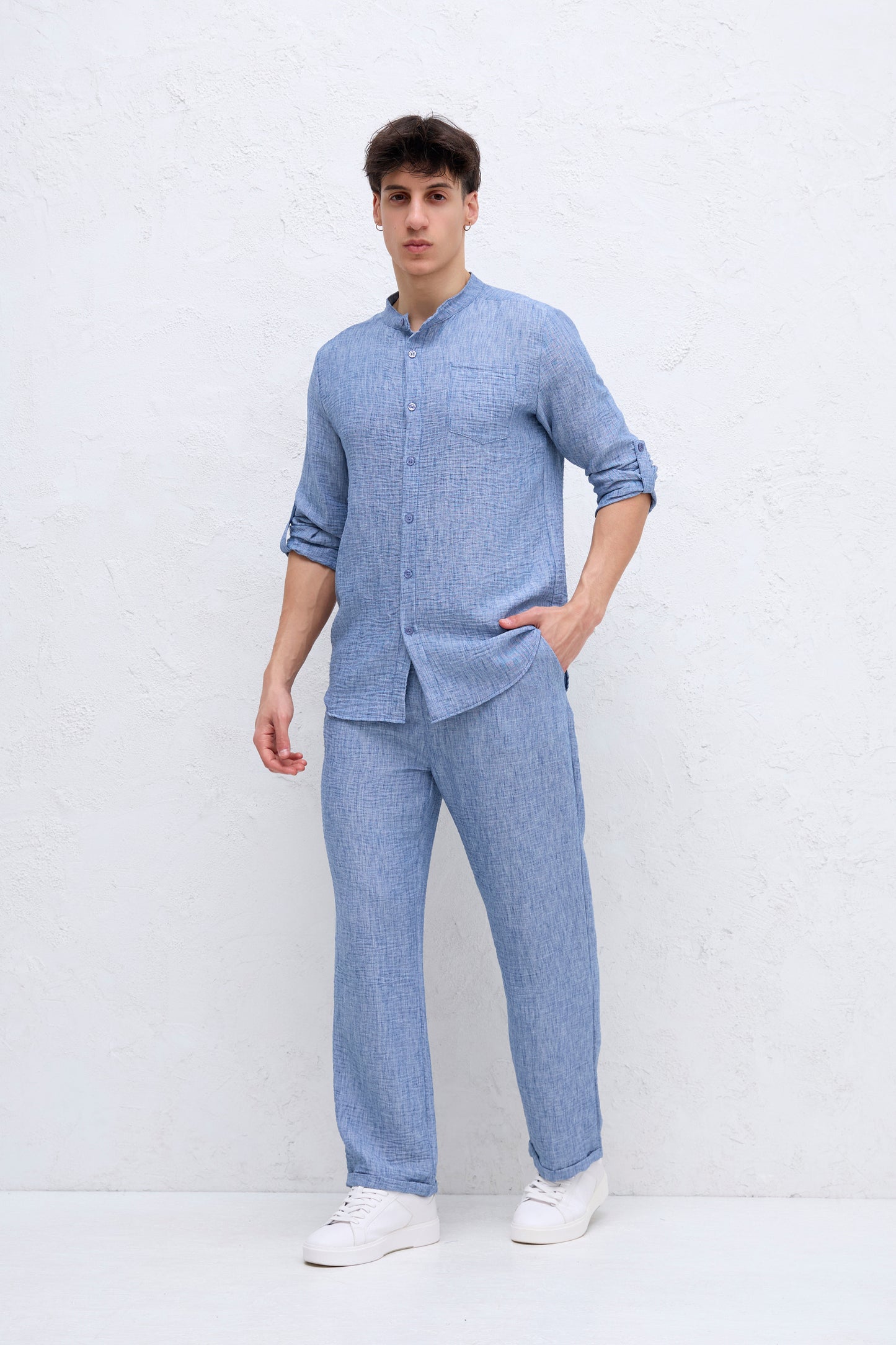 Ensemble Bleu Chemise Col mao et pantalon