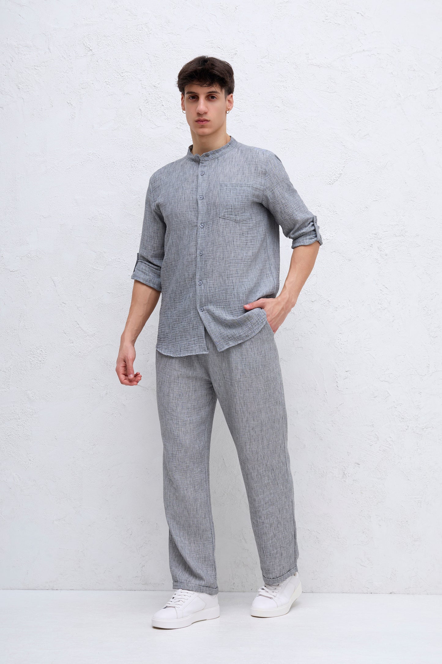 Ensemble Gris Chemise Col mao et pantalon