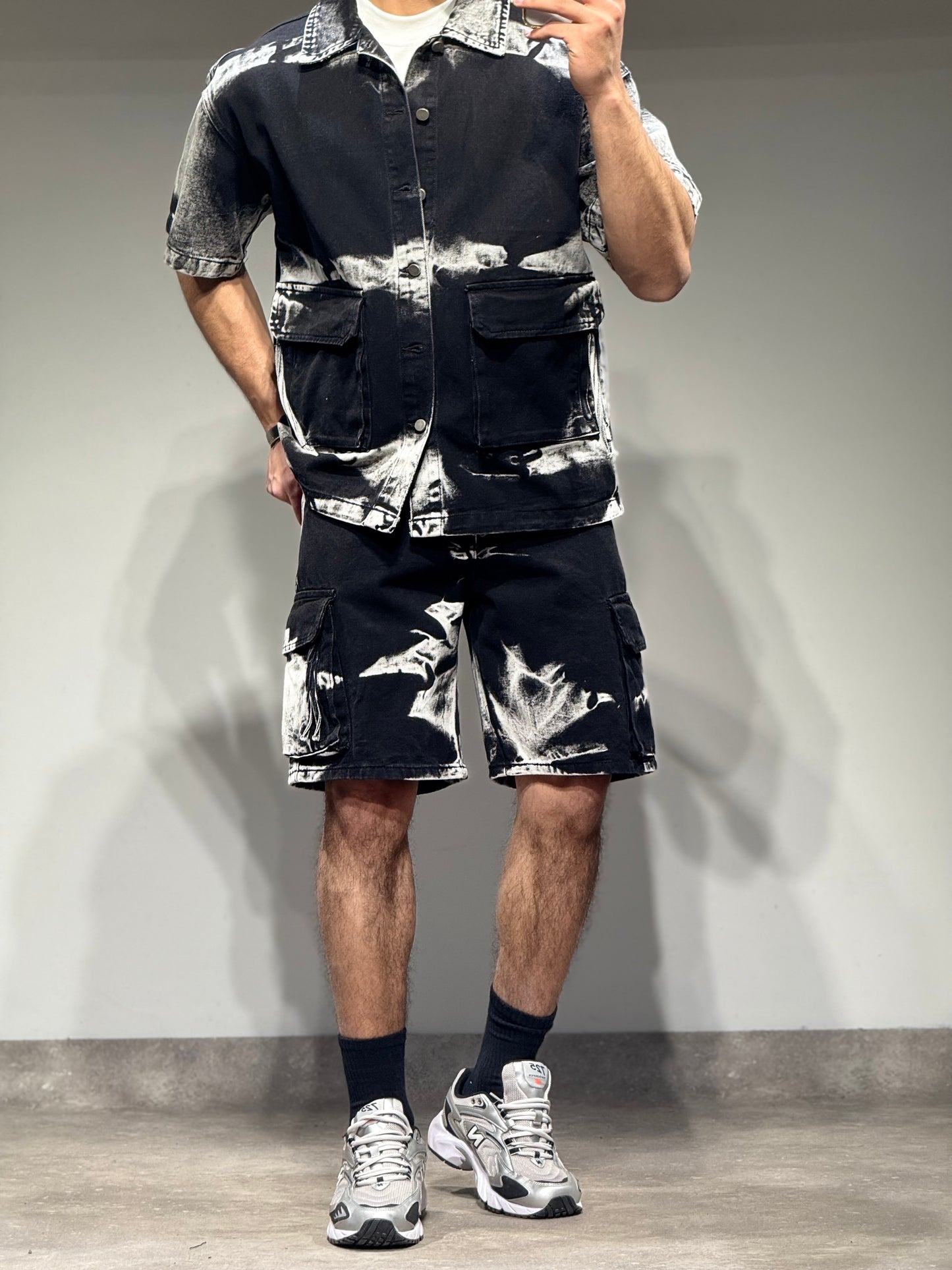 Ensemble Chemise et Short en Jeans Noir et Blanc Delavé