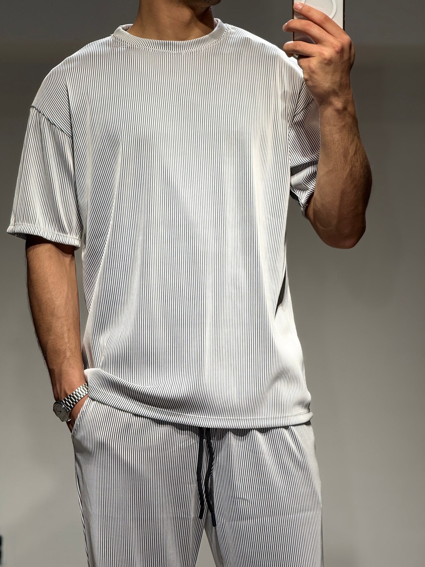 Ensemble Plissé Tee Shirt et Pantalon Blanc