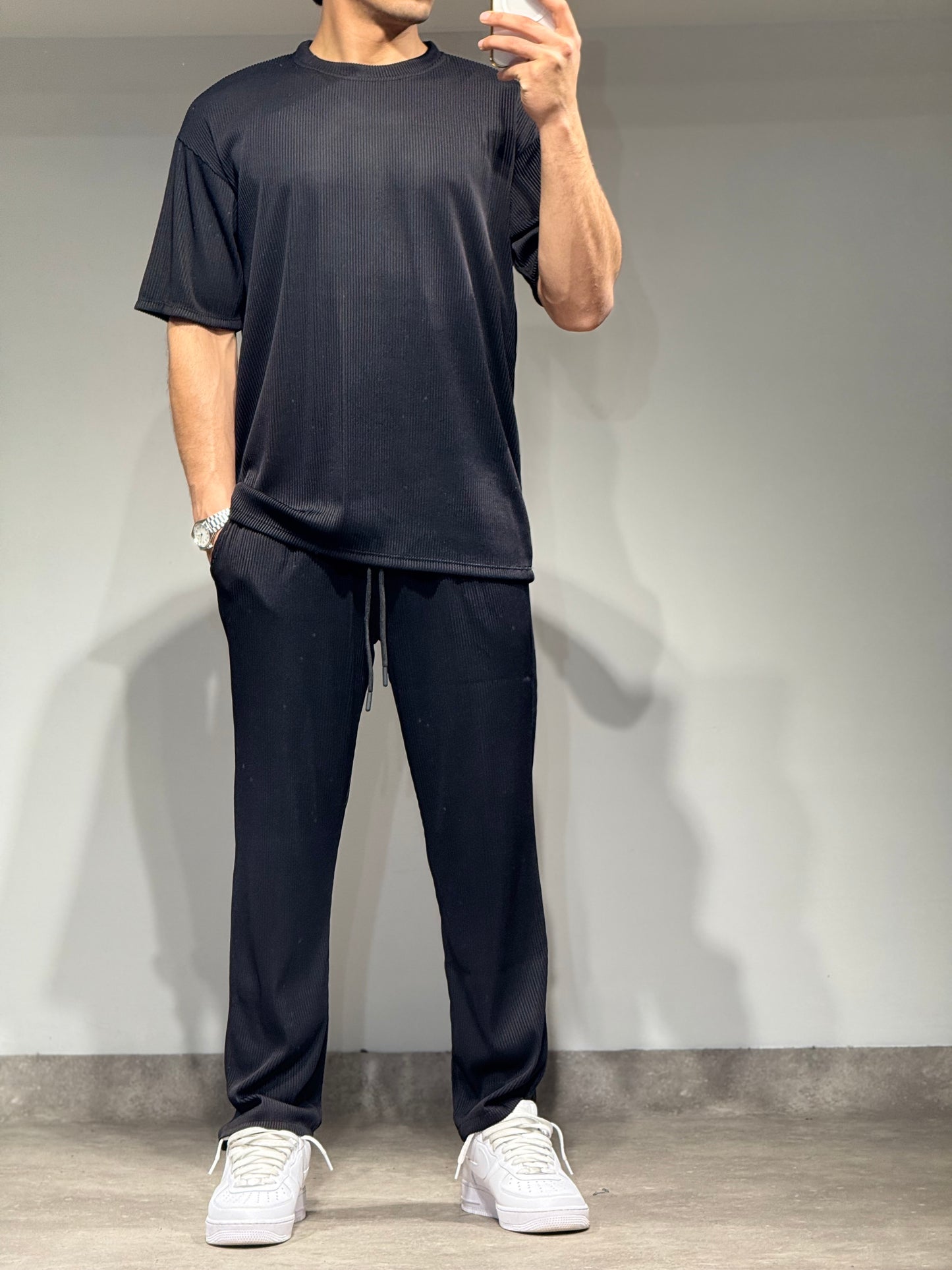 Ensemble Plissé Tee Shirt et Pantalon Noir