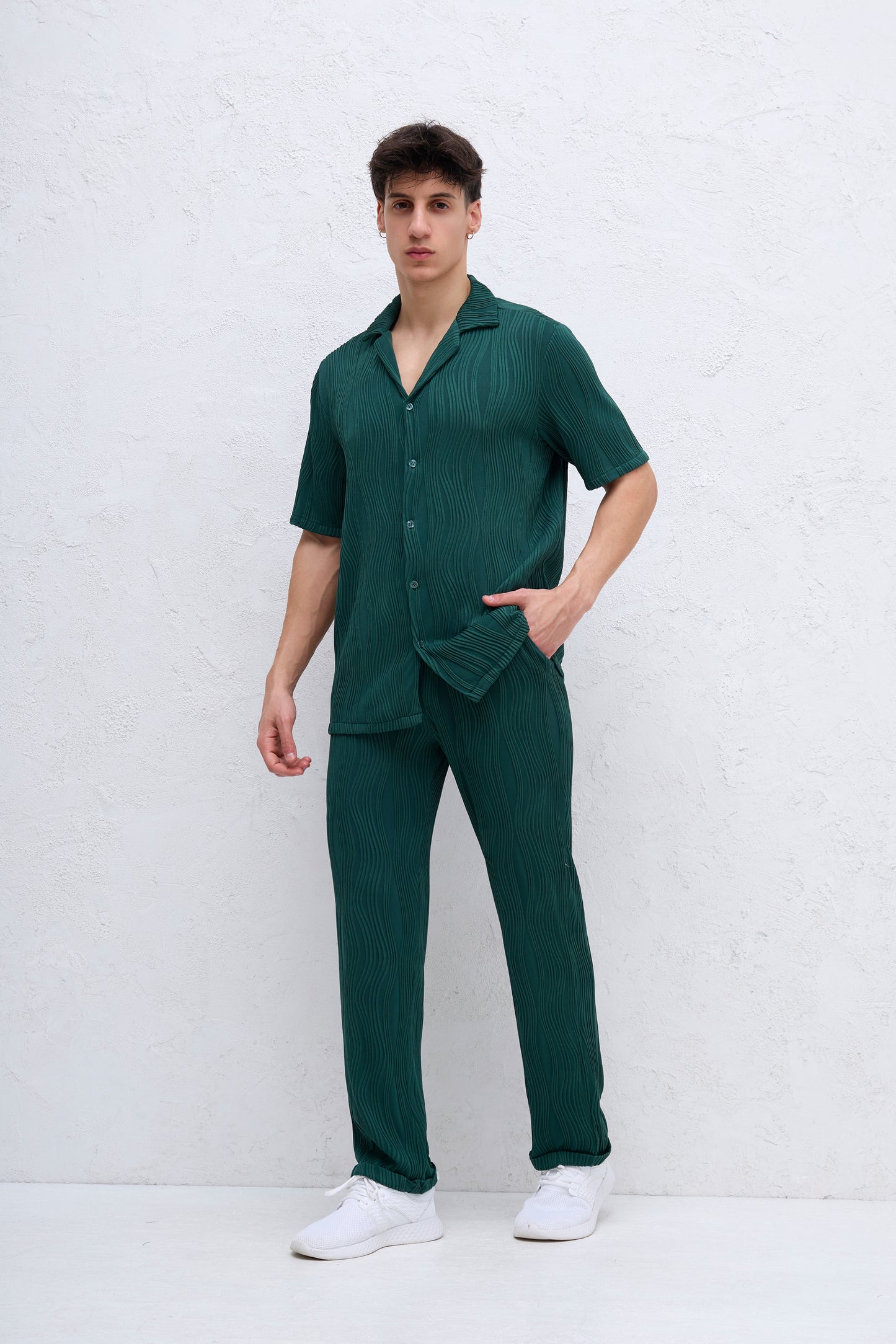 Ensemble Kaki Plissé ondulé Chemise et Pantalon