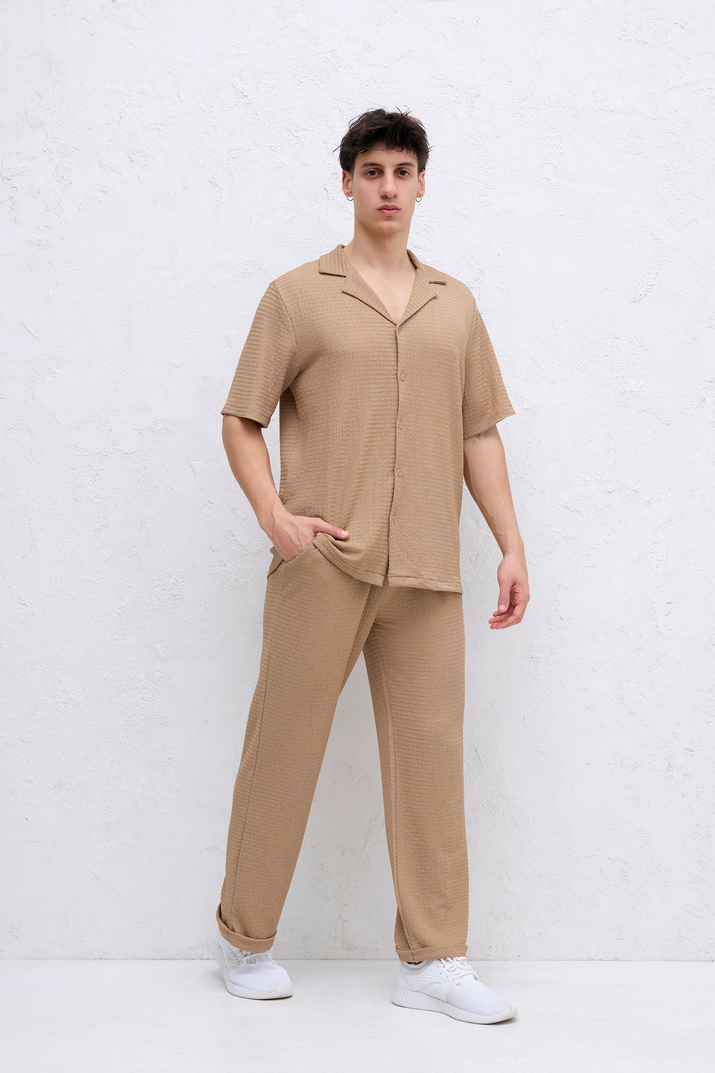 Ensemble Camel Chemise et Pantalon Gauffré