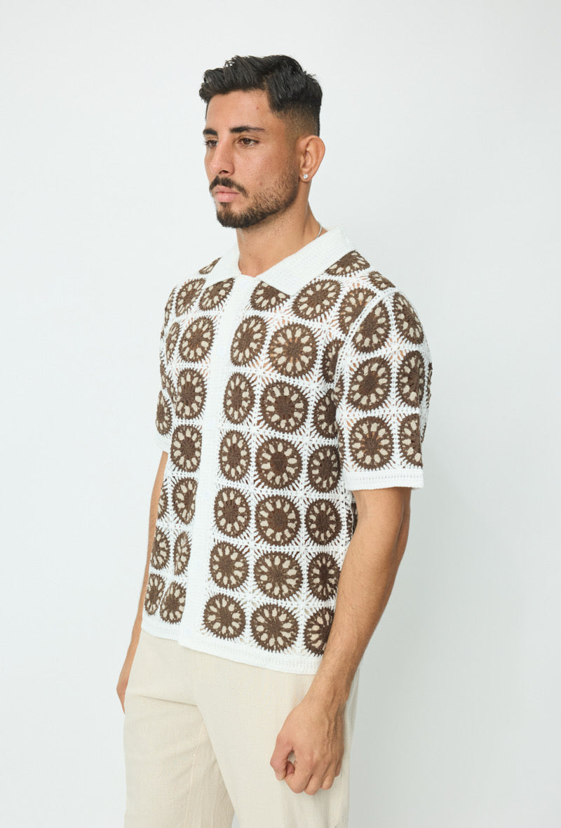 Chemise Crochet Blanc et Marron à Motifs