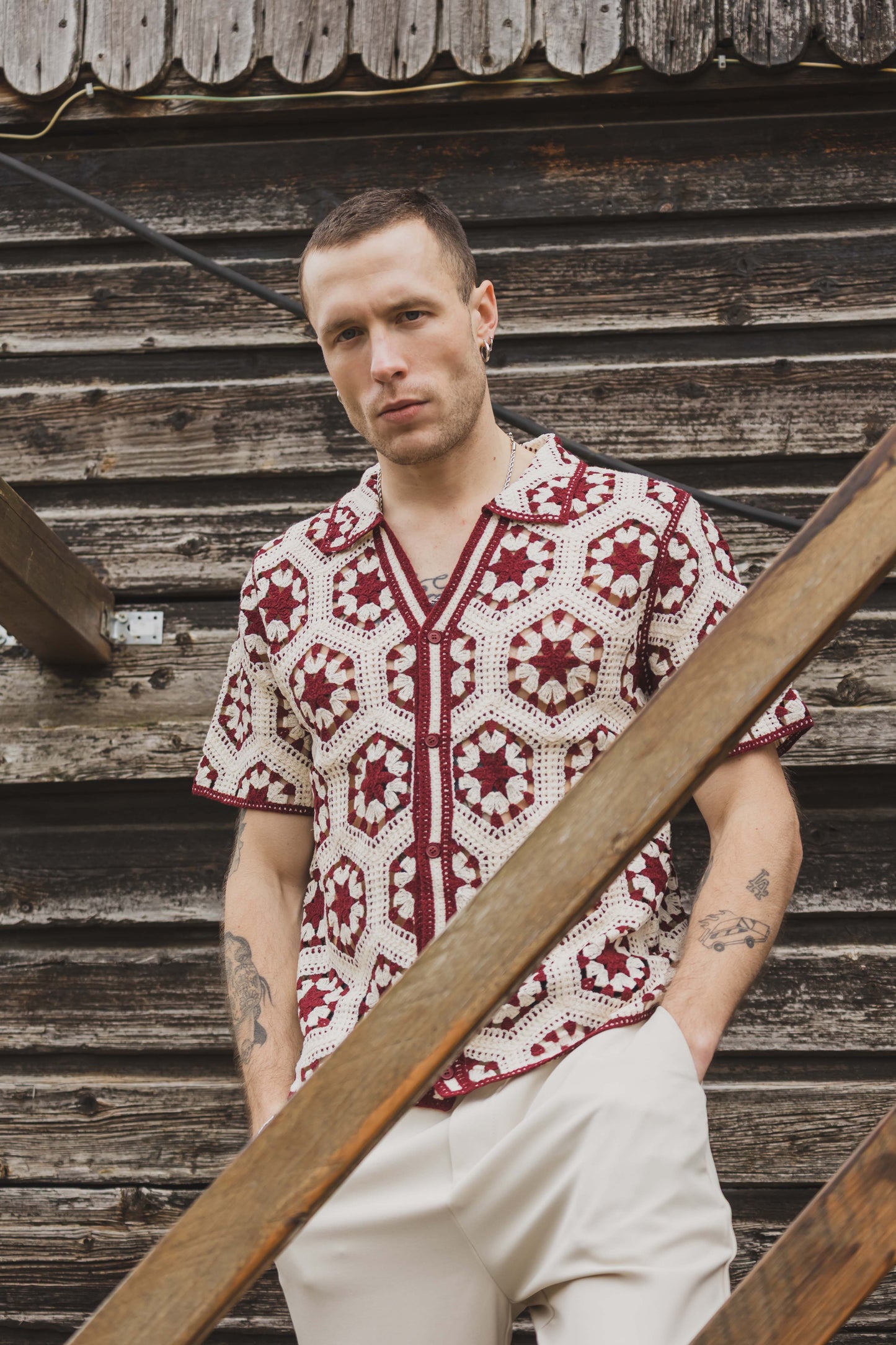 Chemise Crochet Beige à Motifs