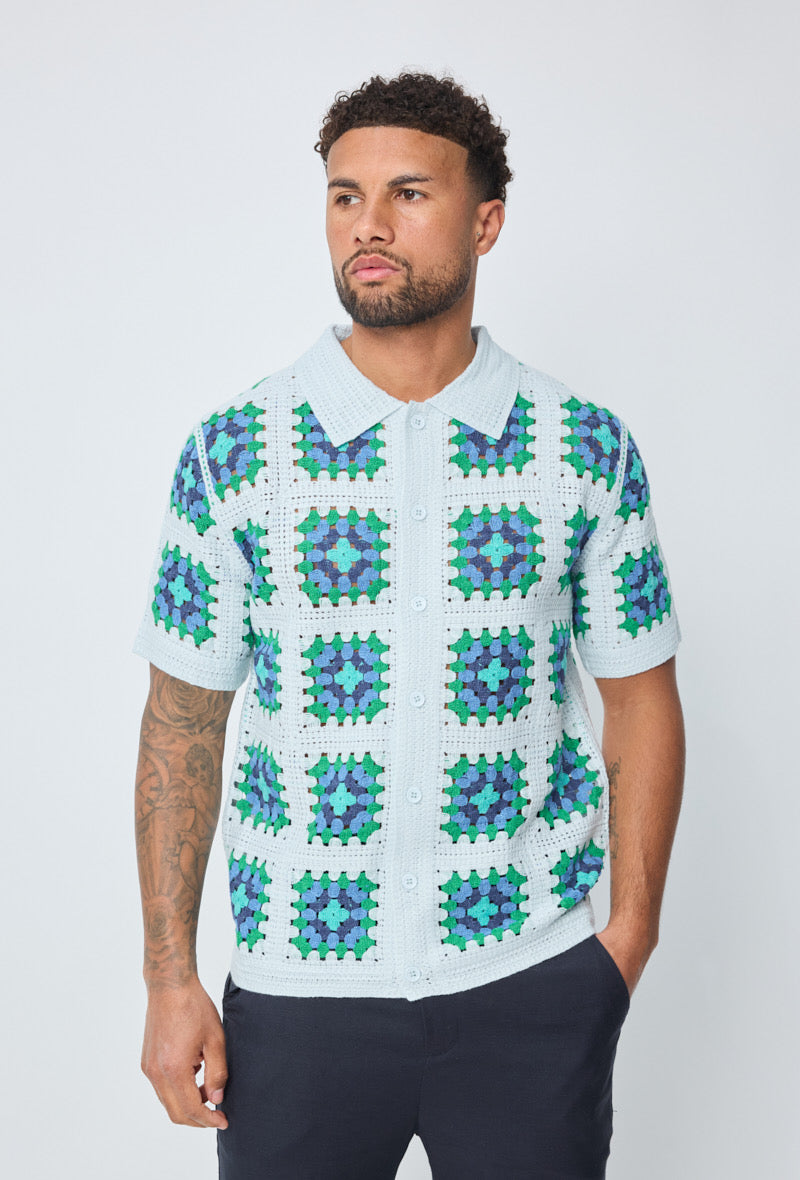 Chemise Crochet Bleu Ciel à Motifs