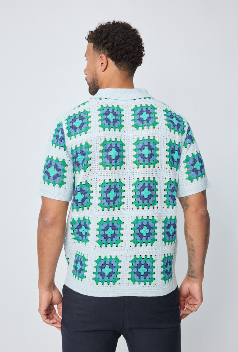 Chemise Crochet Bleu Ciel à Motifs