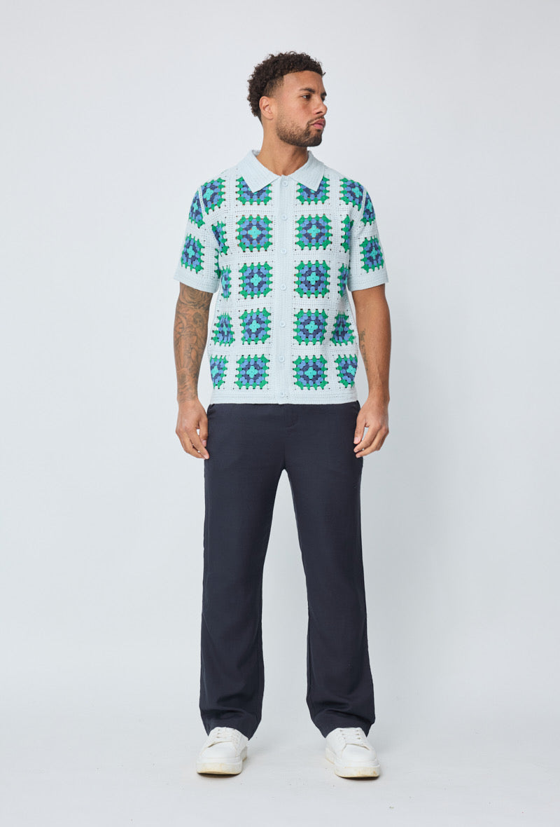 Chemise Crochet Bleu Ciel à Motifs