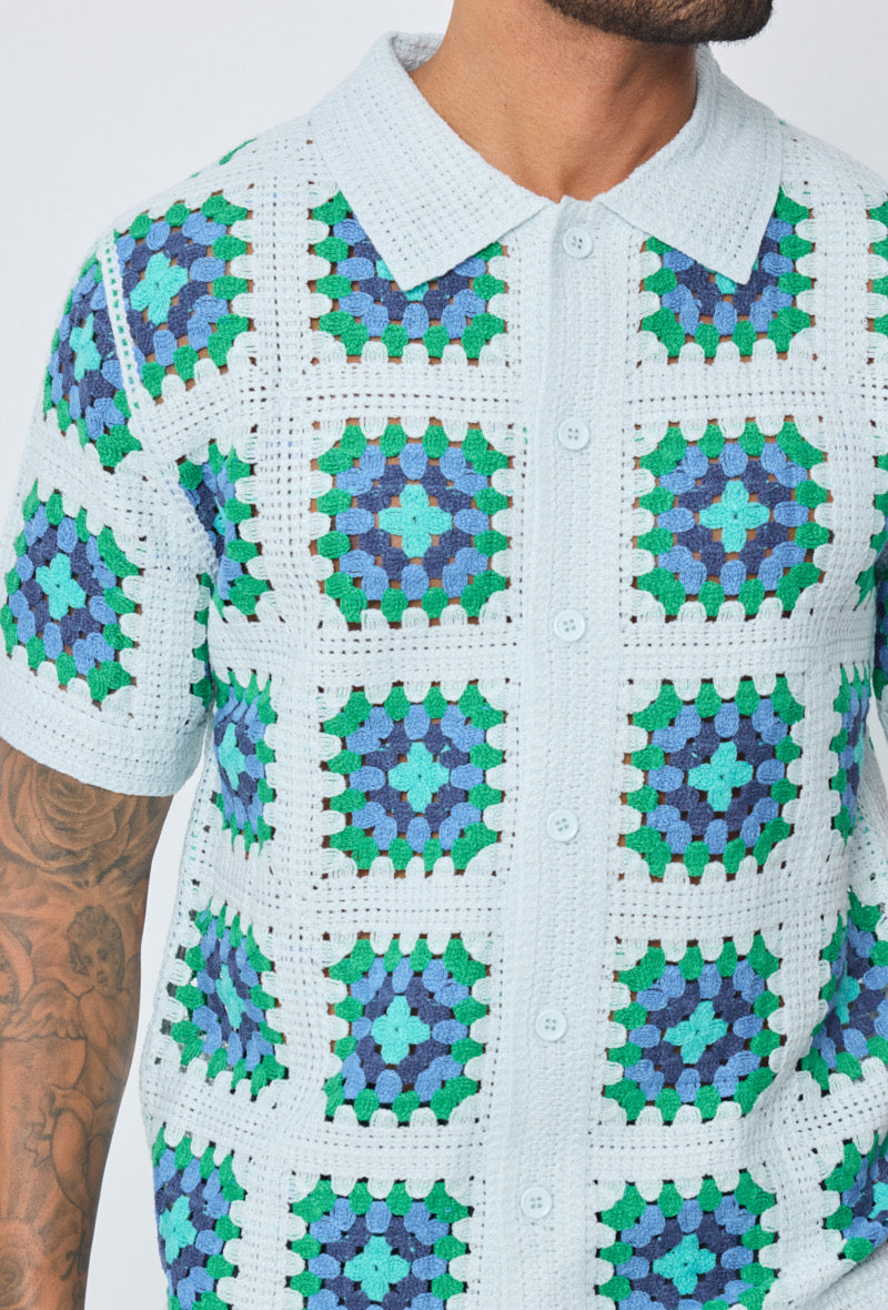 Chemise Crochet Bleu Ciel à Motifs