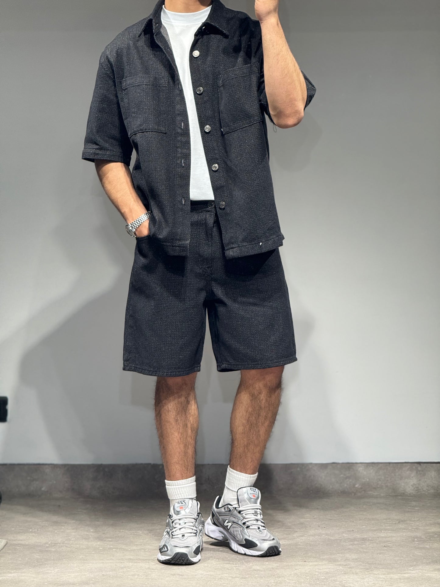 Ensemble Chemise et Short en Jeans Noir Chevrons