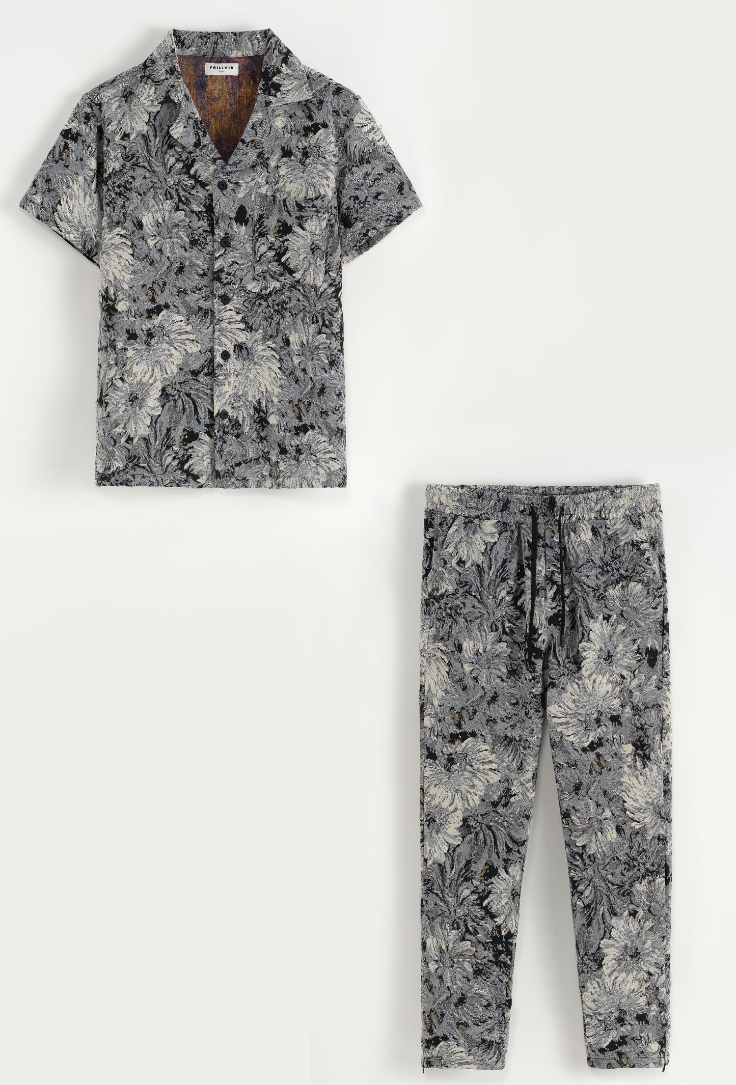 Ensemble Chemise et Pantalon Floral Gris et Blanc