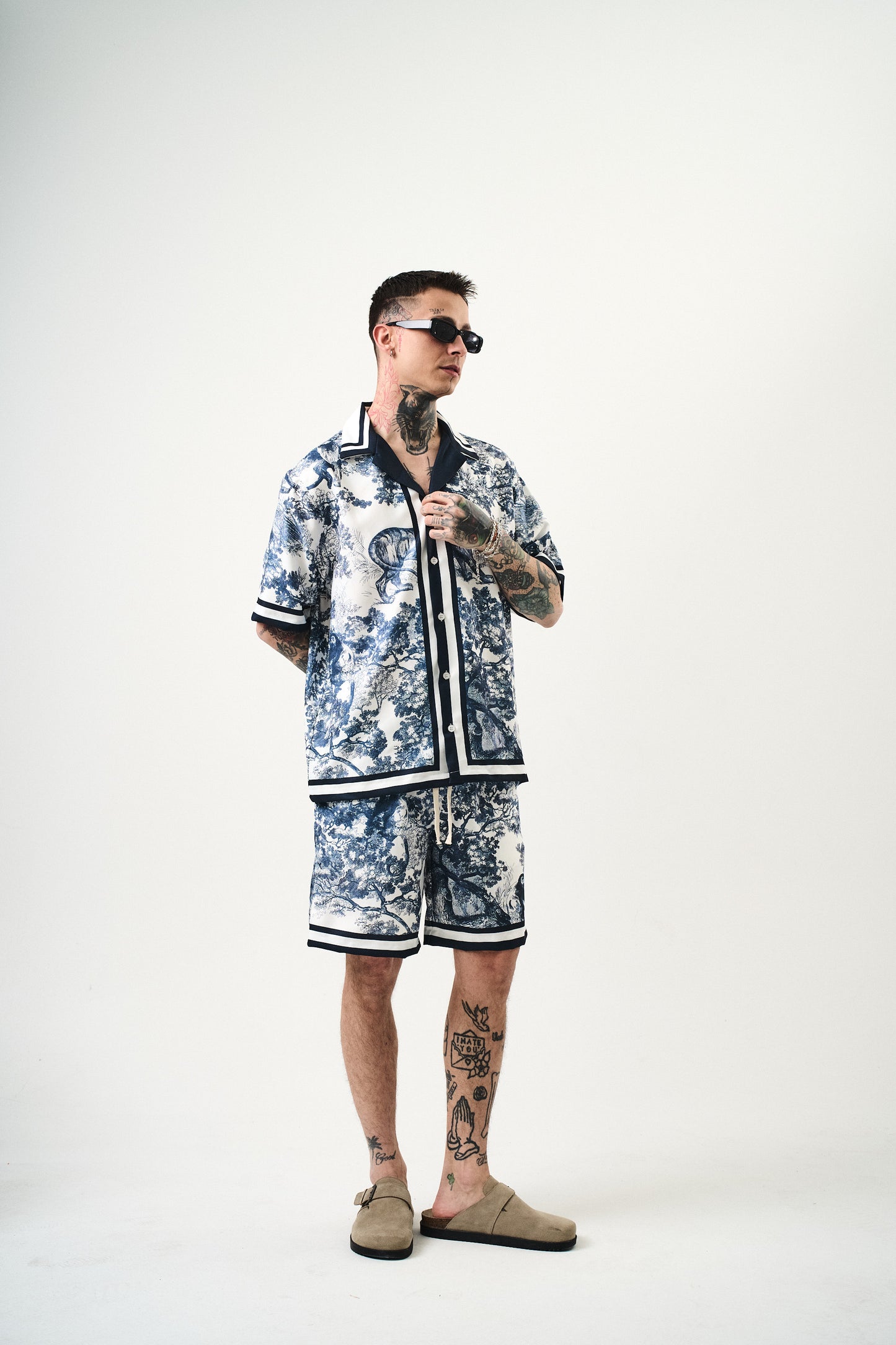 Ensemble Chemise et Short Toile de Jouy Blanc Marine