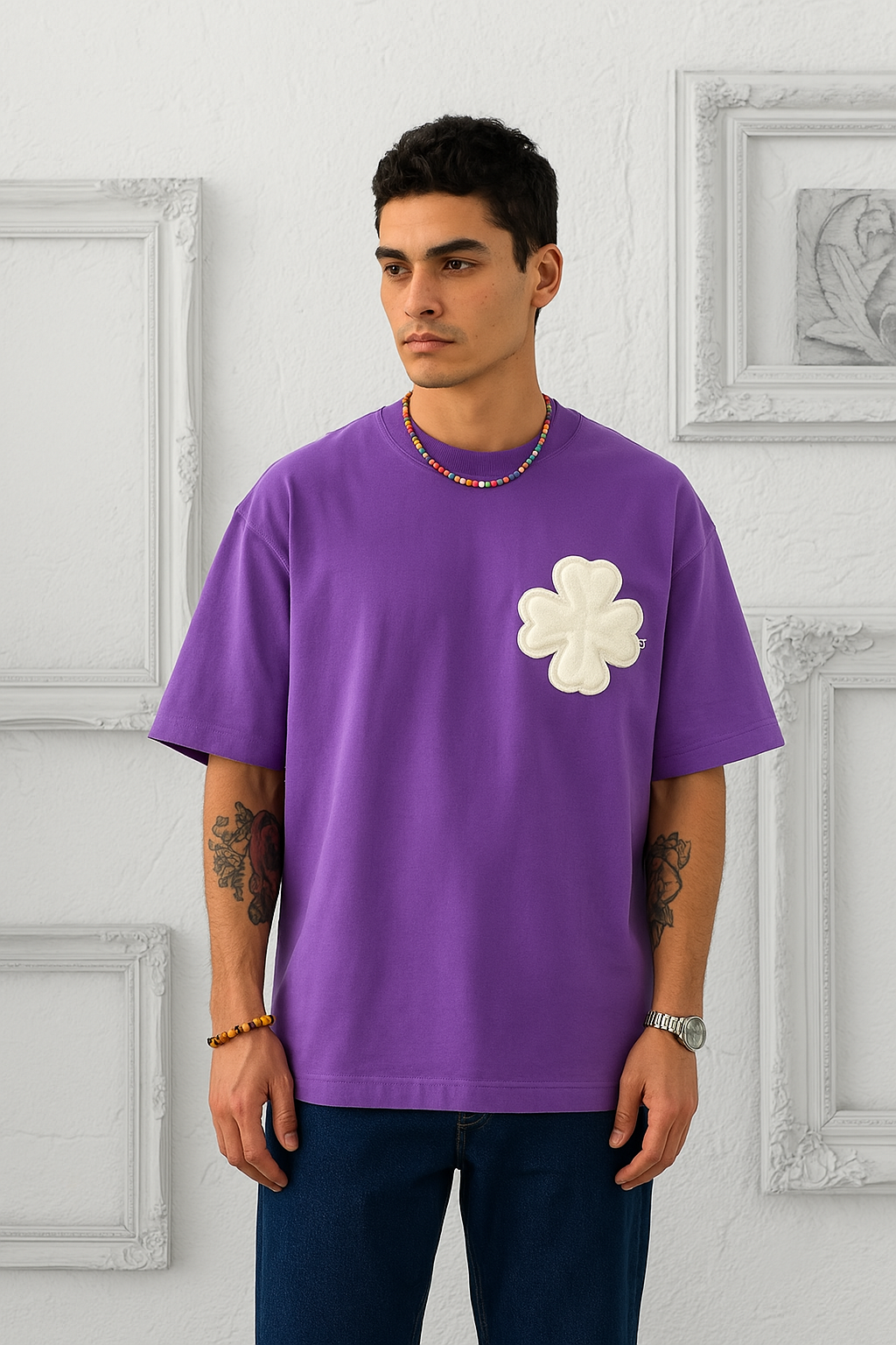 T-shirt Violet Oversize avec motif floral en couture tricoté