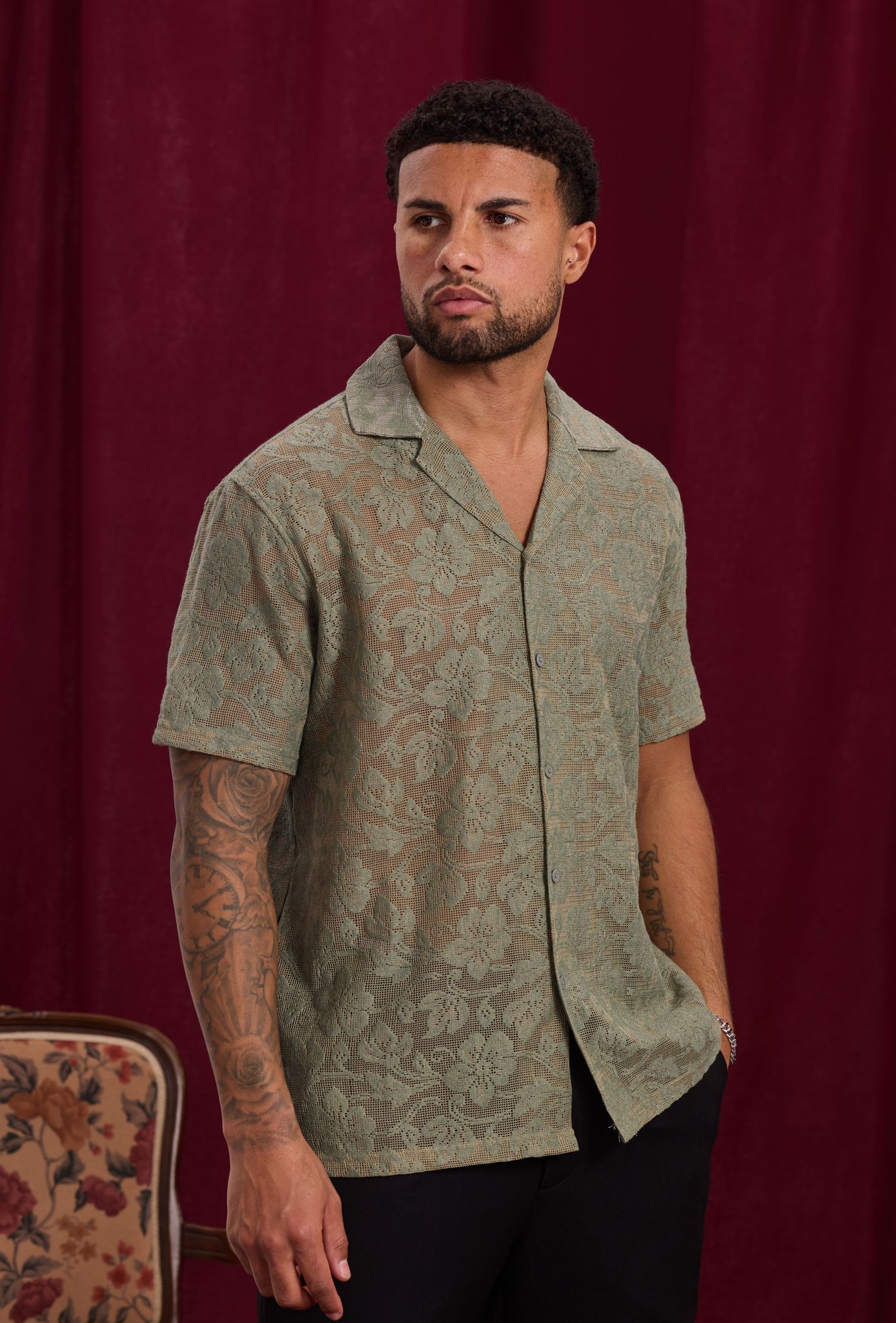 Chemise dentelle Floral Kaki