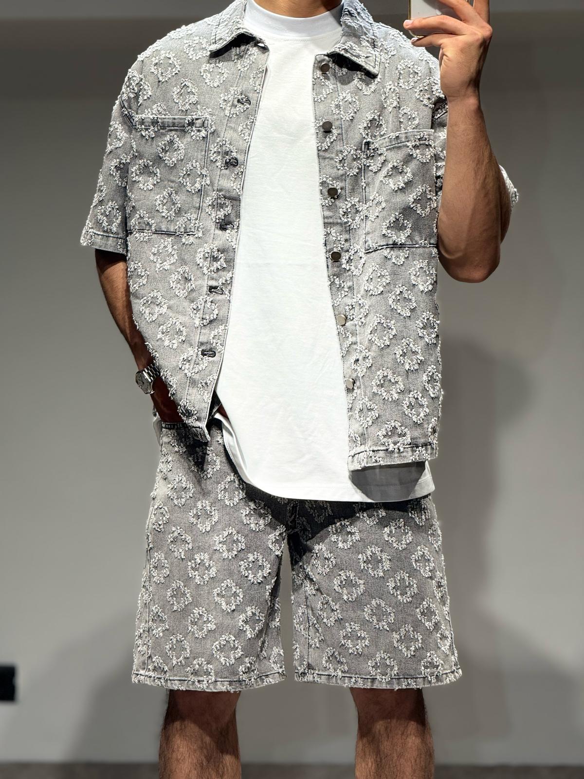 Ensemble En Jeans Chemise et Short Fris Motifs géométriques