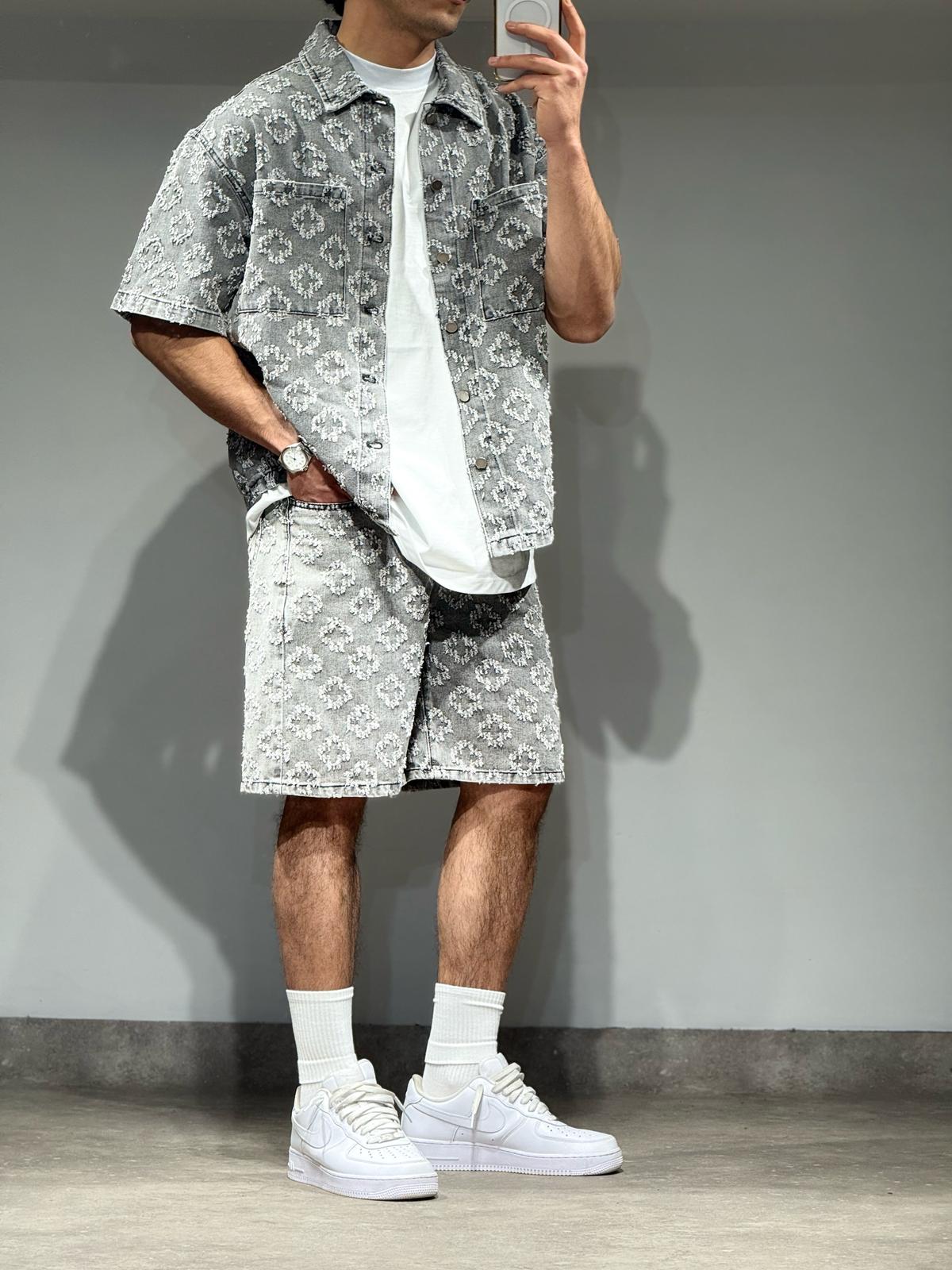 Ensemble En Jeans Chemise et Short Fris Motifs géométriques