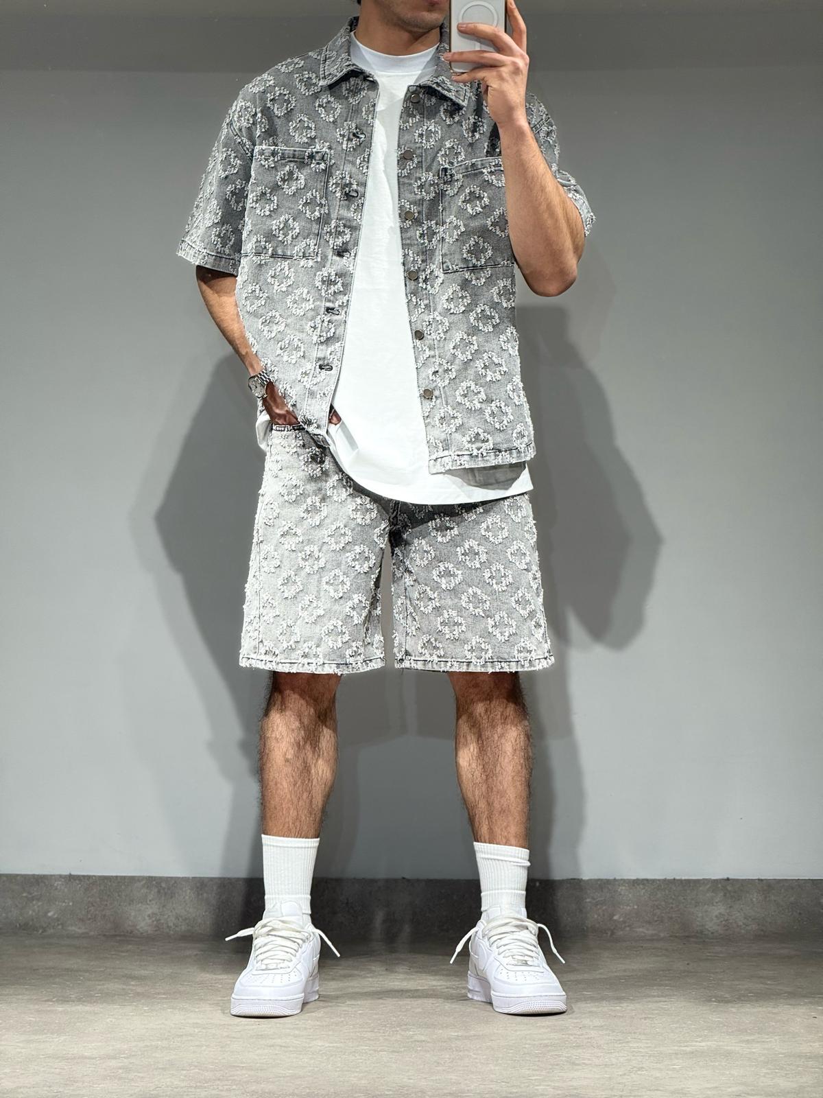 Ensemble En Jeans Chemise et Short Fris Motifs géométriques