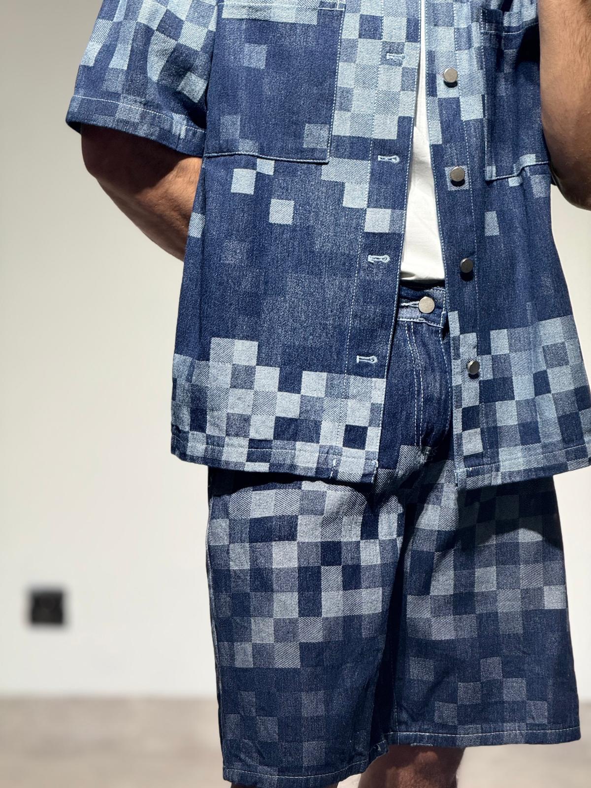 Ensemble En Jeans Damier Chemise et Short Bleu