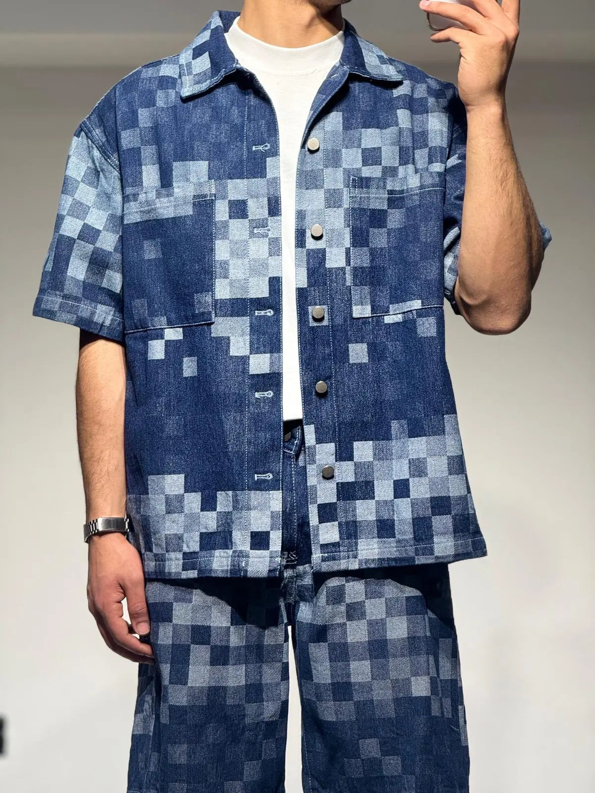 Ensemble En Jeans Damier Chemise et Short Bleu - bonhomme