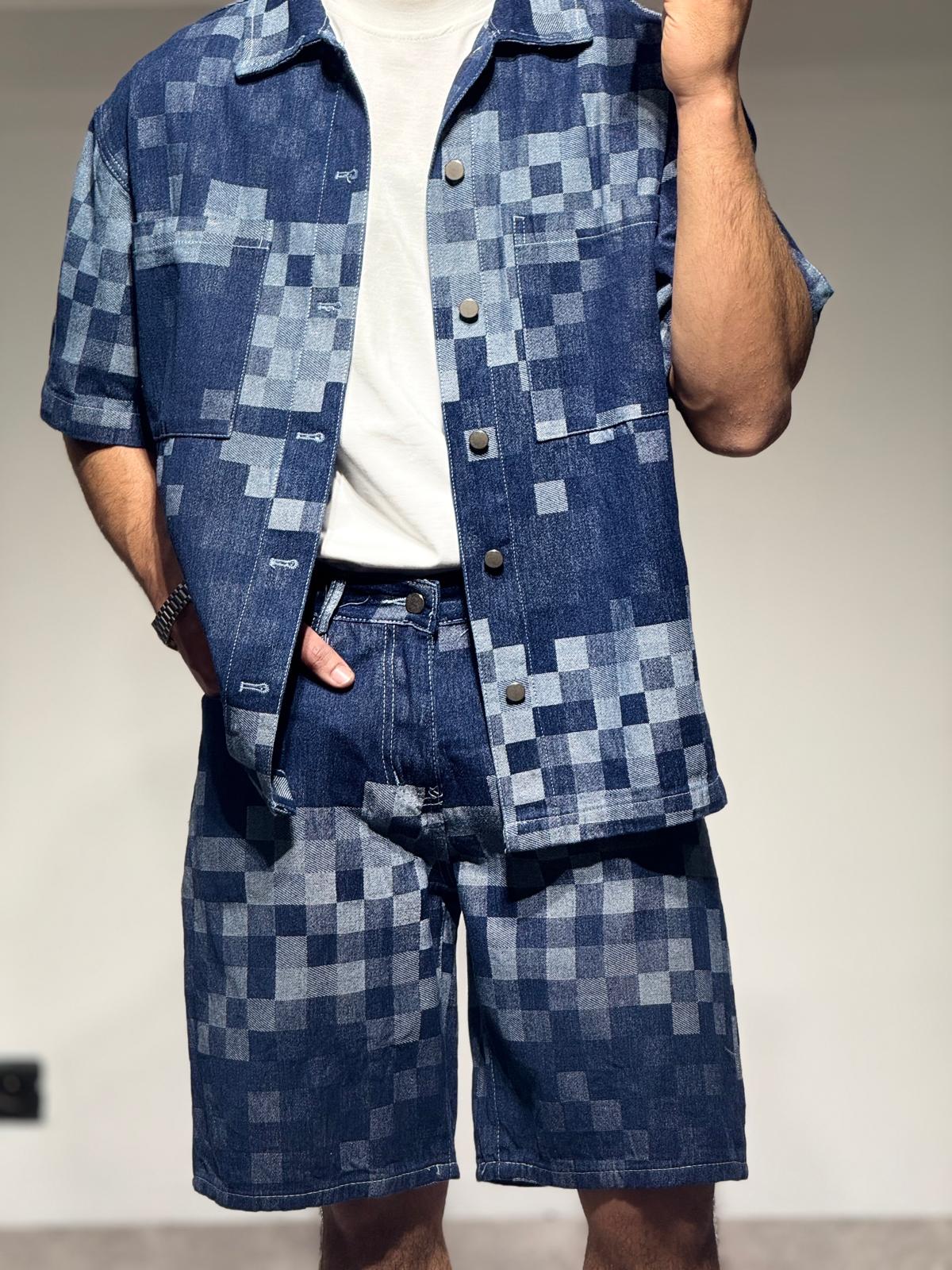 Ensemble En Jeans Damier Chemise et Short Bleu