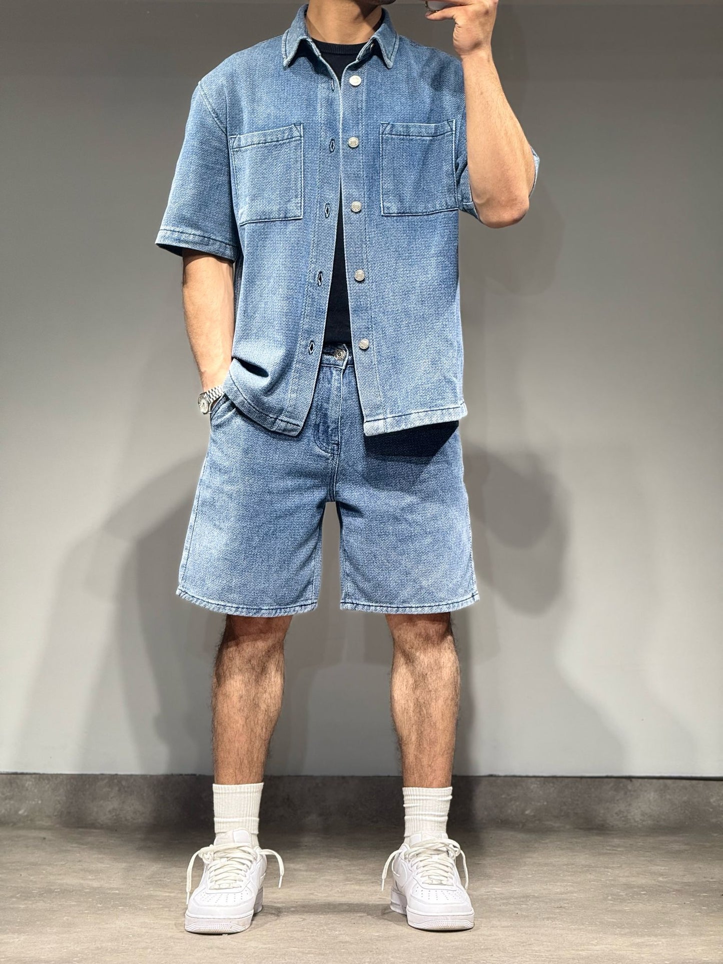 Ensemble Chemise et Short en Jeans Bleu Chevrons