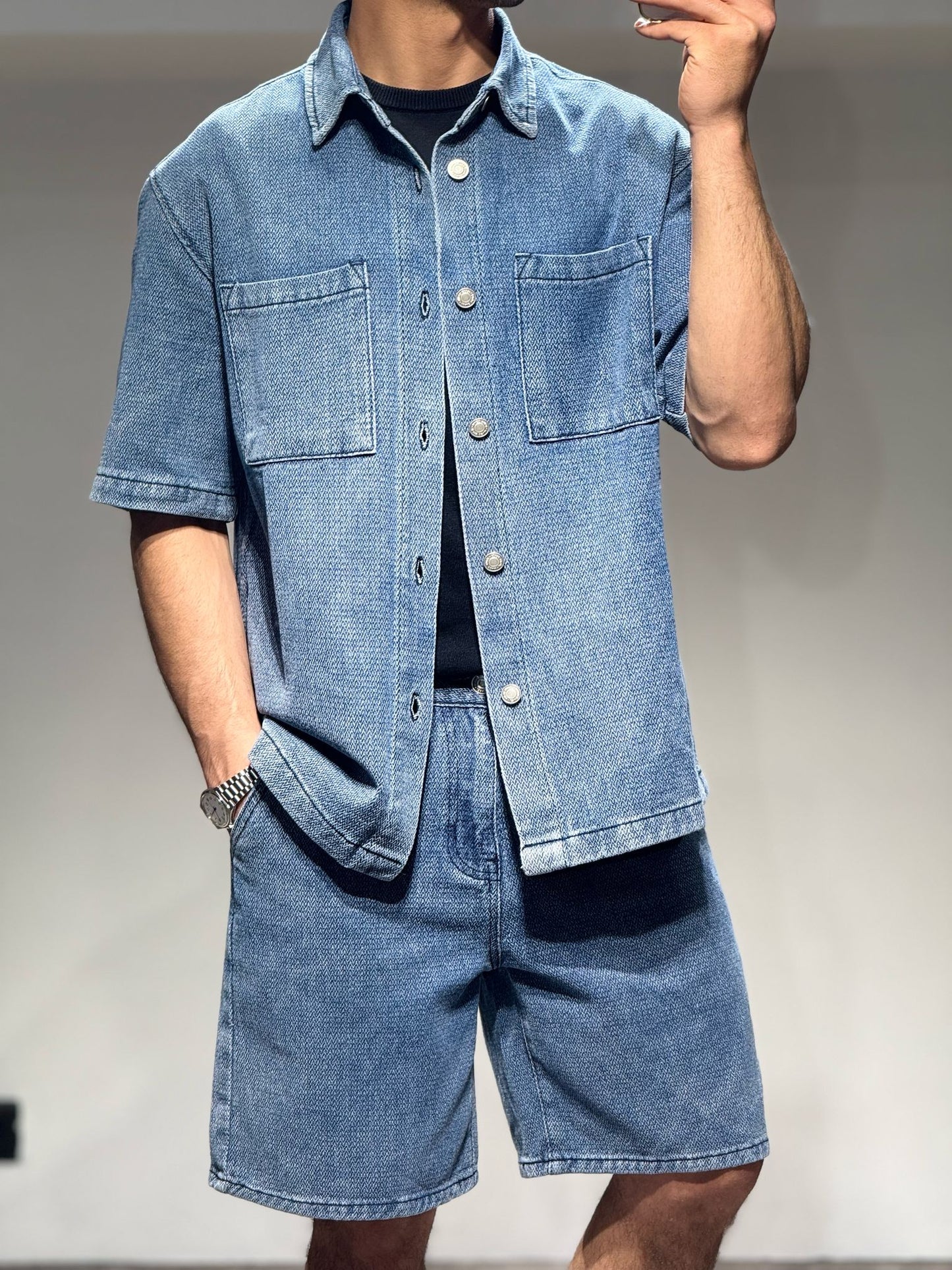 Ensemble Chemise et Short en Jeans Bleu Chevrons