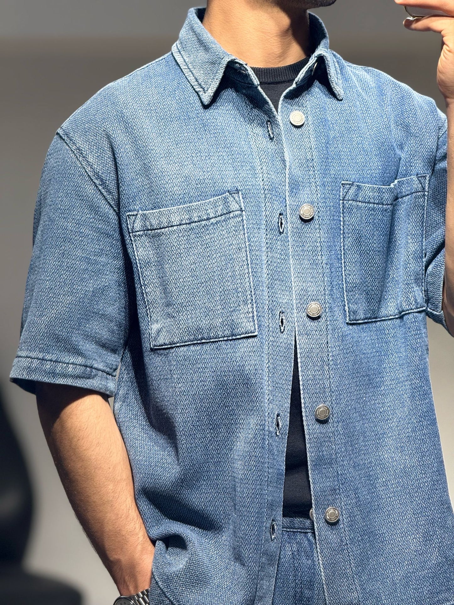 Ensemble Chemise et Short en Jeans Bleu Chevrons